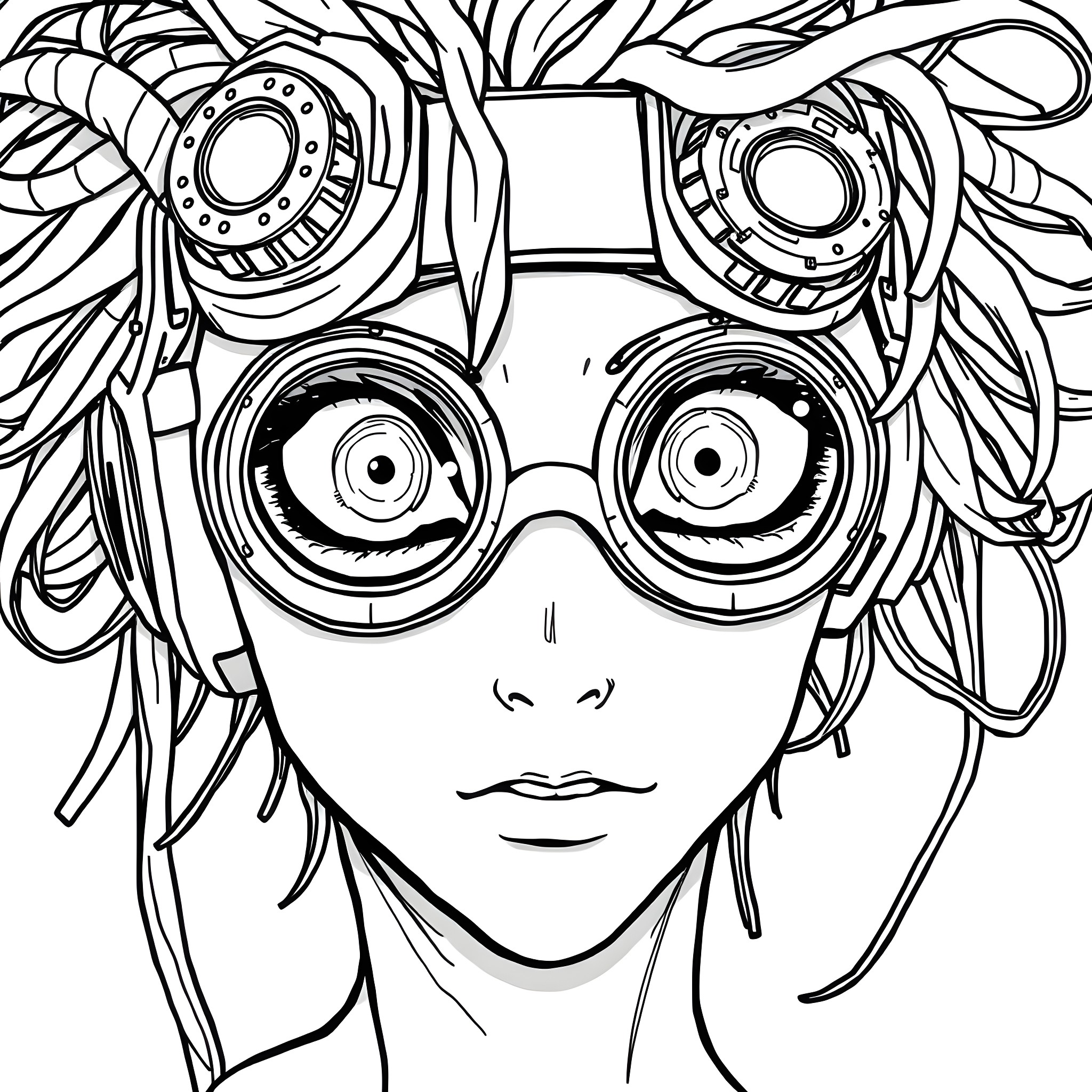 Anime Character with Futuristic Goggles and Abstract Hairstyle Coloring Page (free black-and-white line drawing printable PDF for all, from beginners to advanced learners, including children, teens, adults, and seniors)