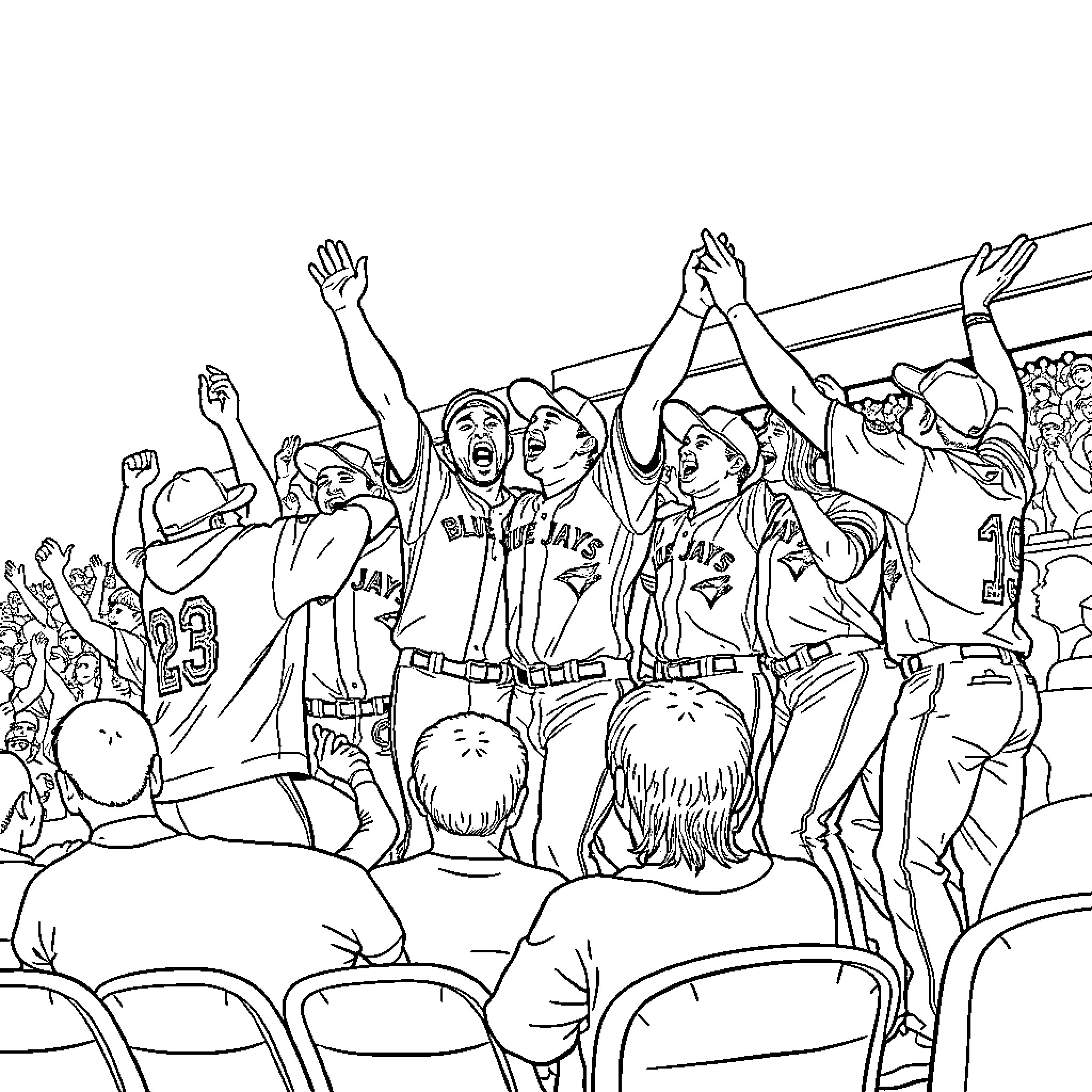 Blue Jay Fans Cheering Excitedly at the Game Coloring Page (free black-and-white line drawing printable PDF for all, from beginners to advanced learners, including children, teens, adults, and seniors)