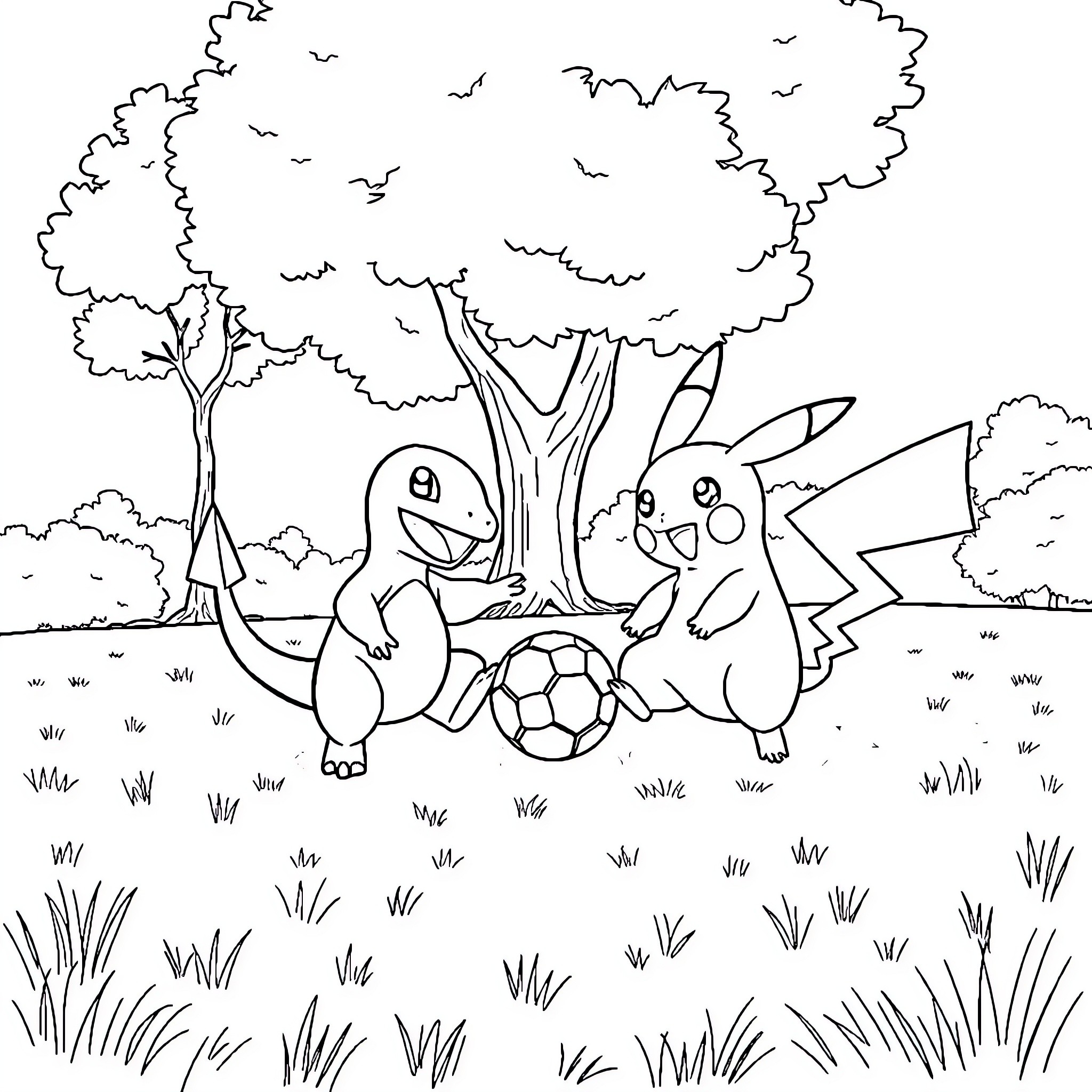 Charmander and Pikachu playing soccer in the park Coloring Page (free black-and-white line drawing printable PDF for all, from beginners to advanced learners, including children, teens, adults, and seniors)