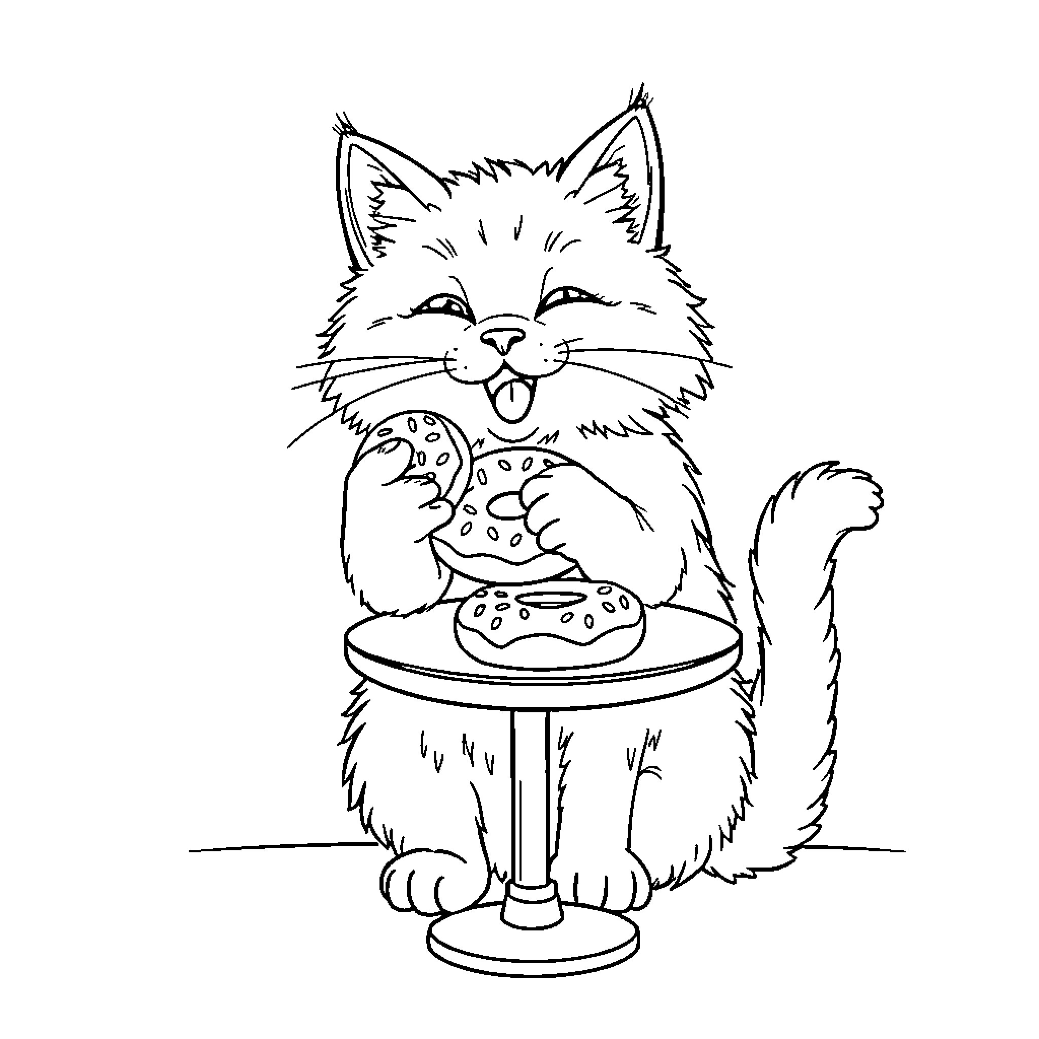 Cat enjoying a snack on a stool Coloring Page (free black-and-white line drawing printable PDF for all, from beginners to advanced learners, including children, teens, adults, and seniors)
