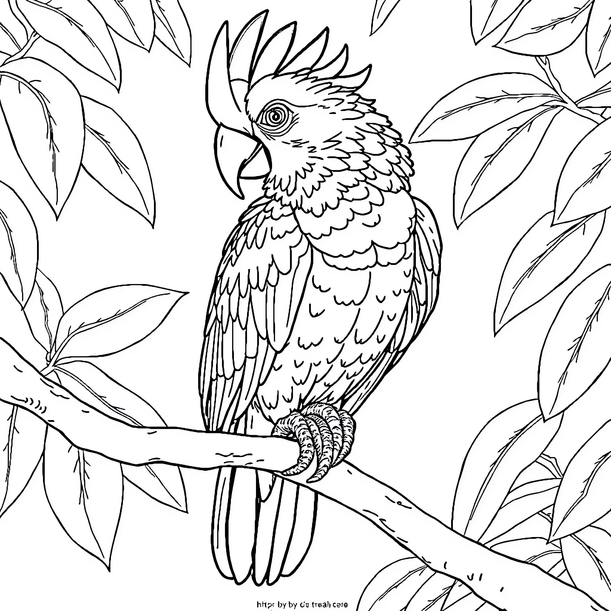 Cockatoo perched on branch in lush foliage Coloring Page (free black-and-white line drawing printable PDF for all, from beginners to advanced learners, including children, teens, adults, and seniors)