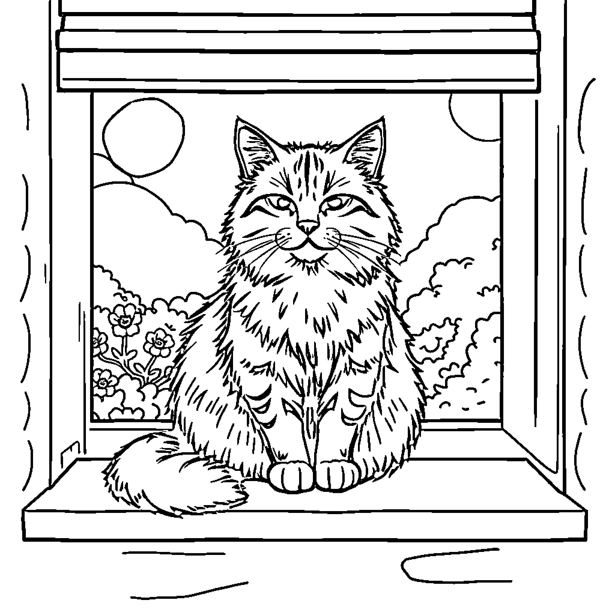 Cat sitting on windowsill looking outside Coloring Page (free black-and-white line drawing printable PDF for all, from beginners to advanced learners, including children, teens, adults, and seniors)