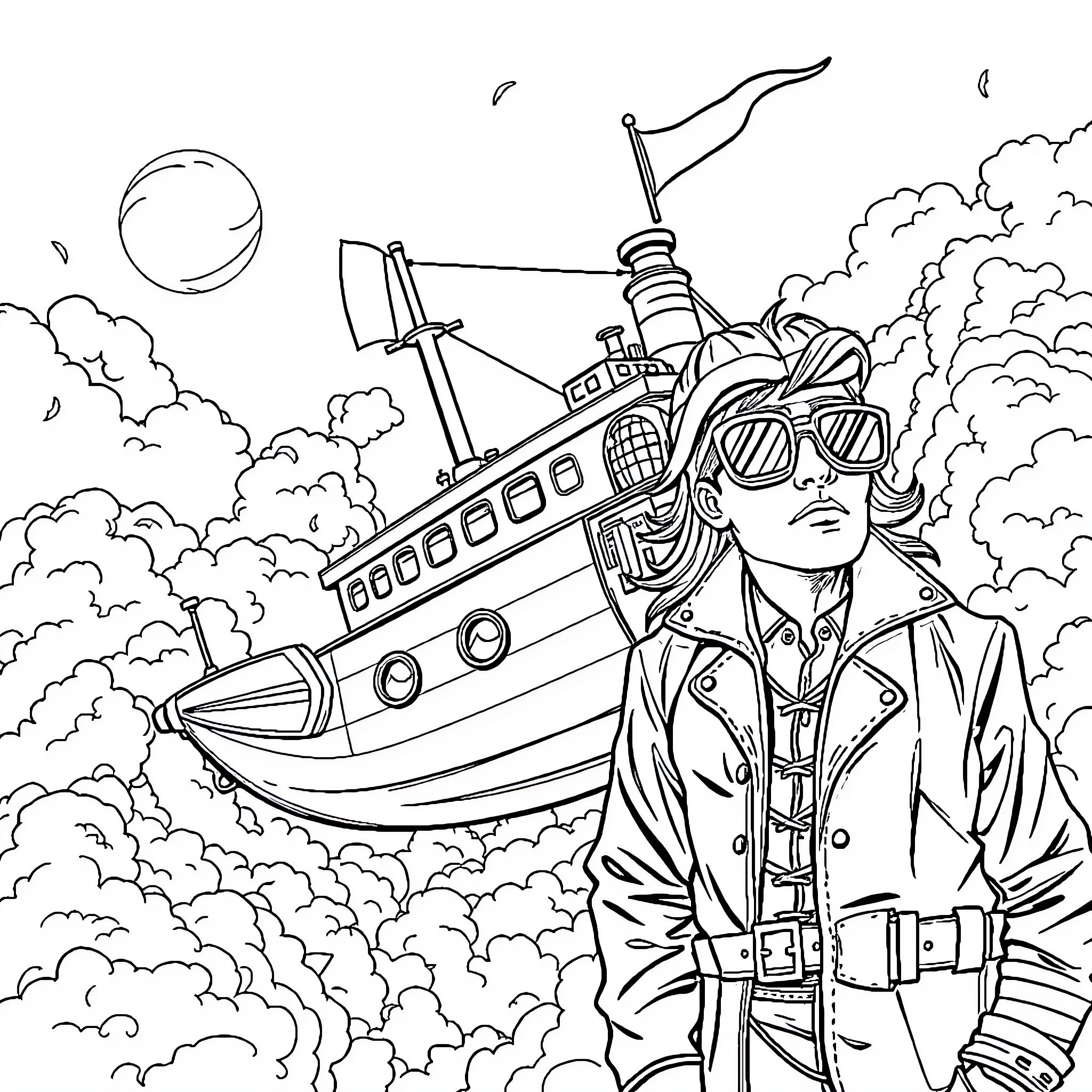 Vaisseau sailing through the clouded skies Coloring Page (free black-and-white line drawing printable PDF for all, from beginners to advanced learners, including children, teens, adults, and seniors)
