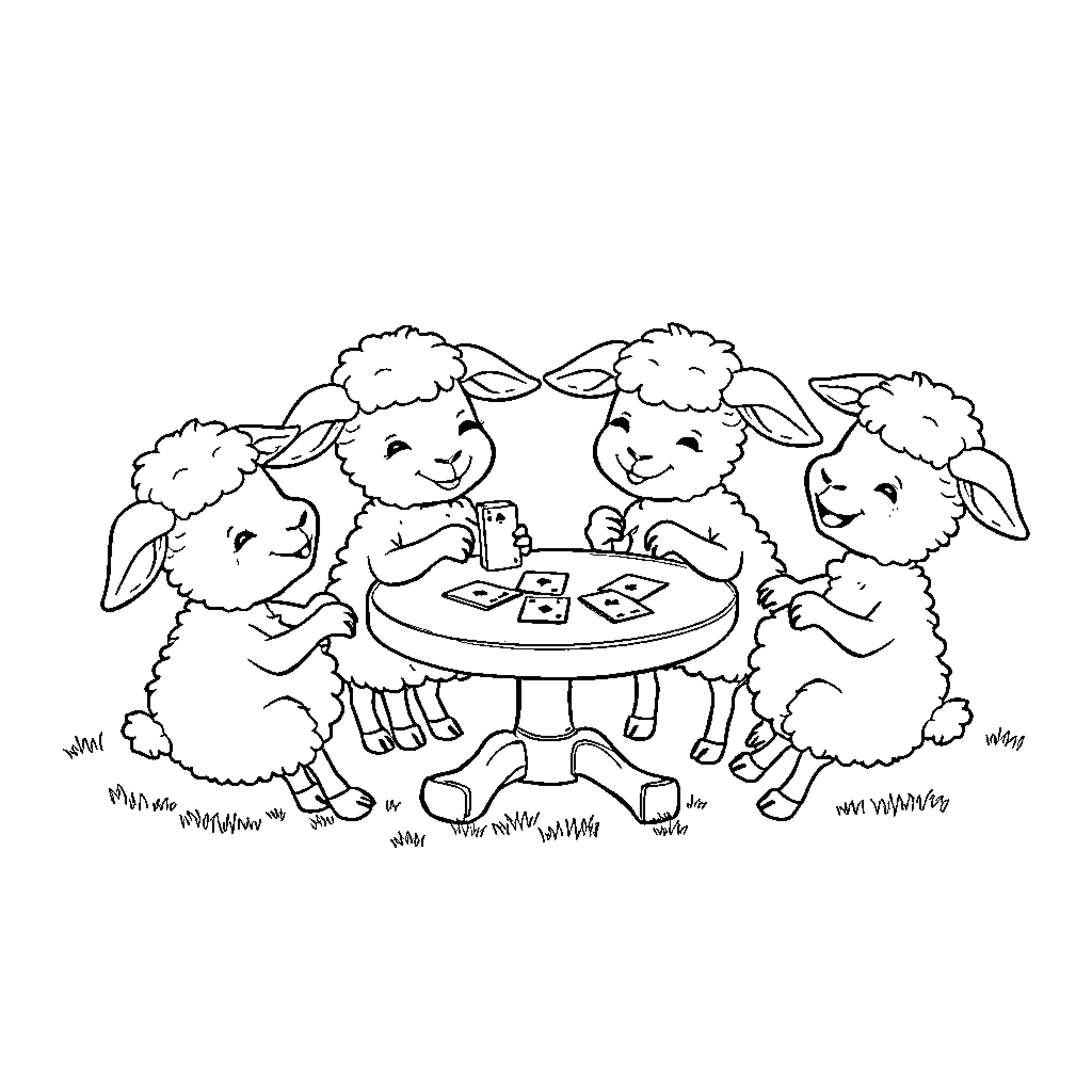 Lamb friends enjoying a playful card game Coloring Page (free black-and-white line drawing printable PDF for all, from beginners to advanced learners, including children, teens, adults, and seniors)