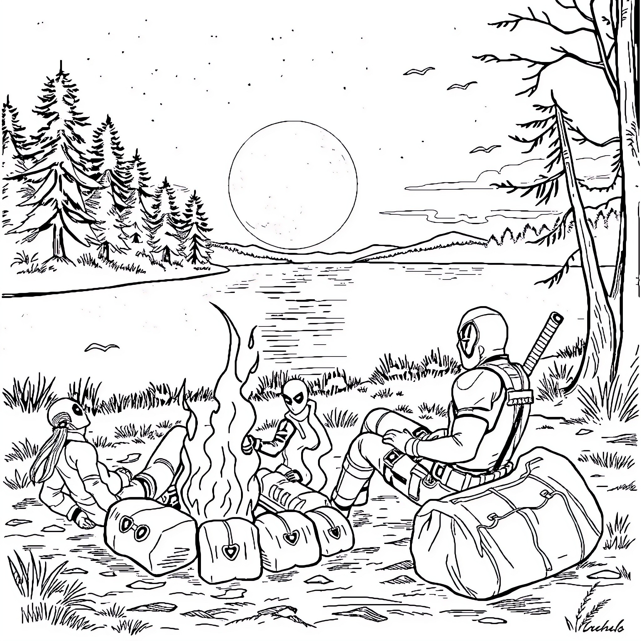 Deadpool and friends enjoy a cozy campfire under the stars Coloring Page (free black-and-white line drawing printable PDF for all, from beginners to advanced learners, including children, teens, adults, and seniors)