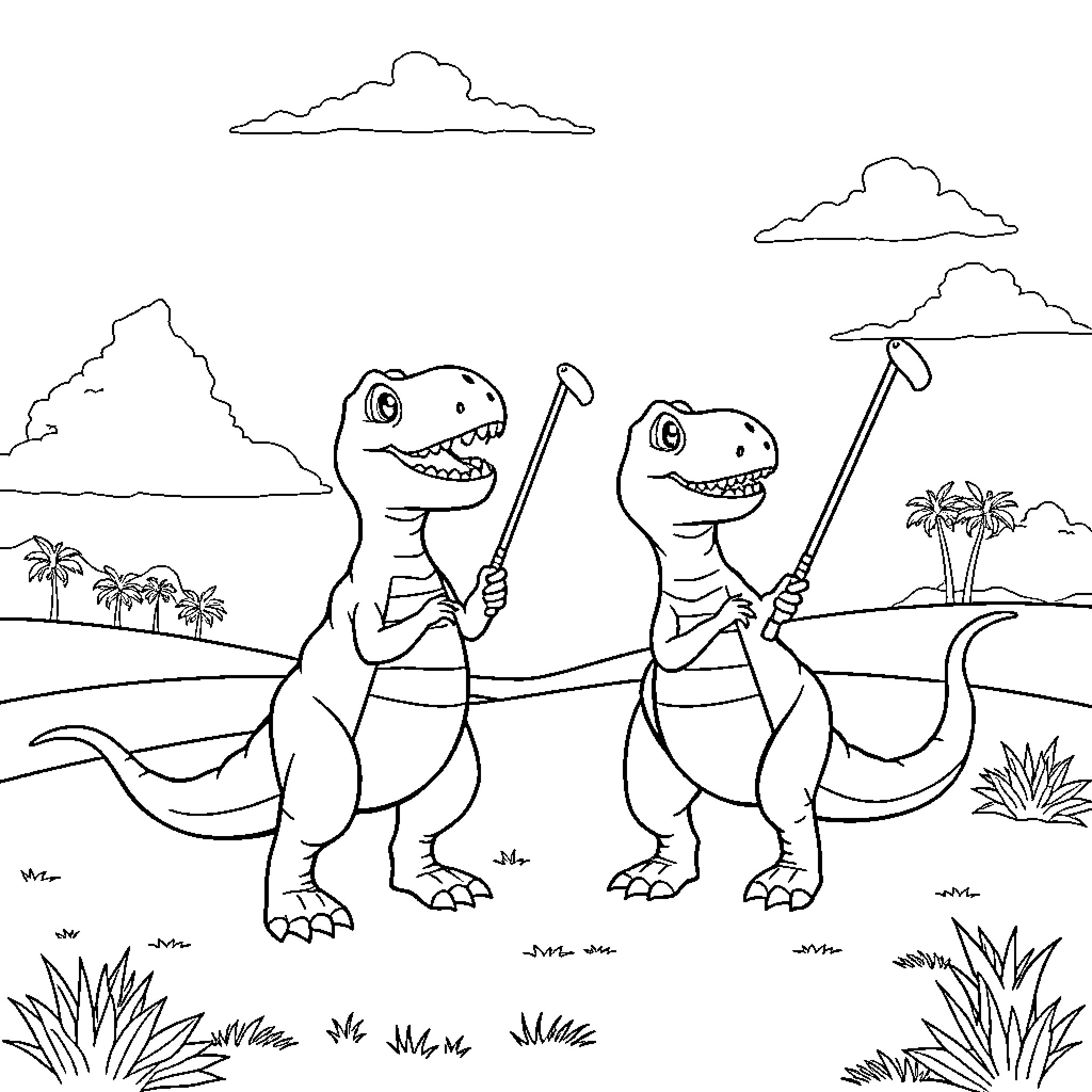 Dinosaurs having fun with tools in the wild Coloring Page (free black-and-white line drawing printable PDF for all, from beginners to advanced learners, including children, teens, adults, and seniors)