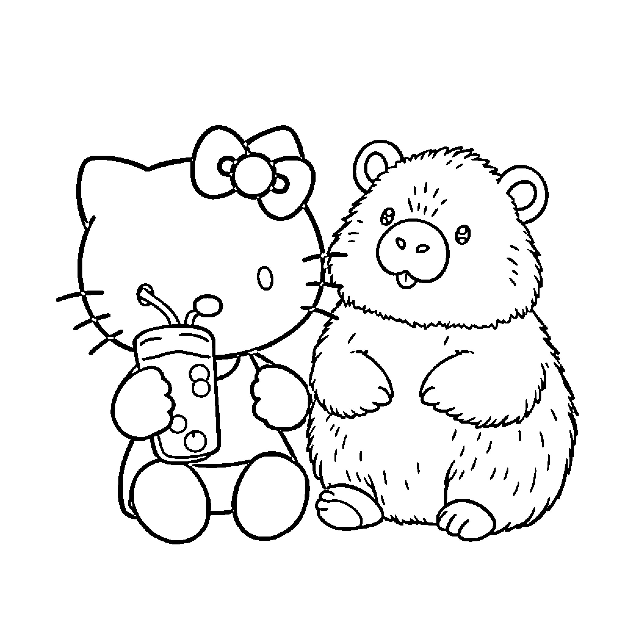 Hello Kitty and Teddy Bear Friends Coloring Page (free black-and-white line drawing printable PDF for all, from beginners to advanced learners, including children, teens, adults, and seniors)