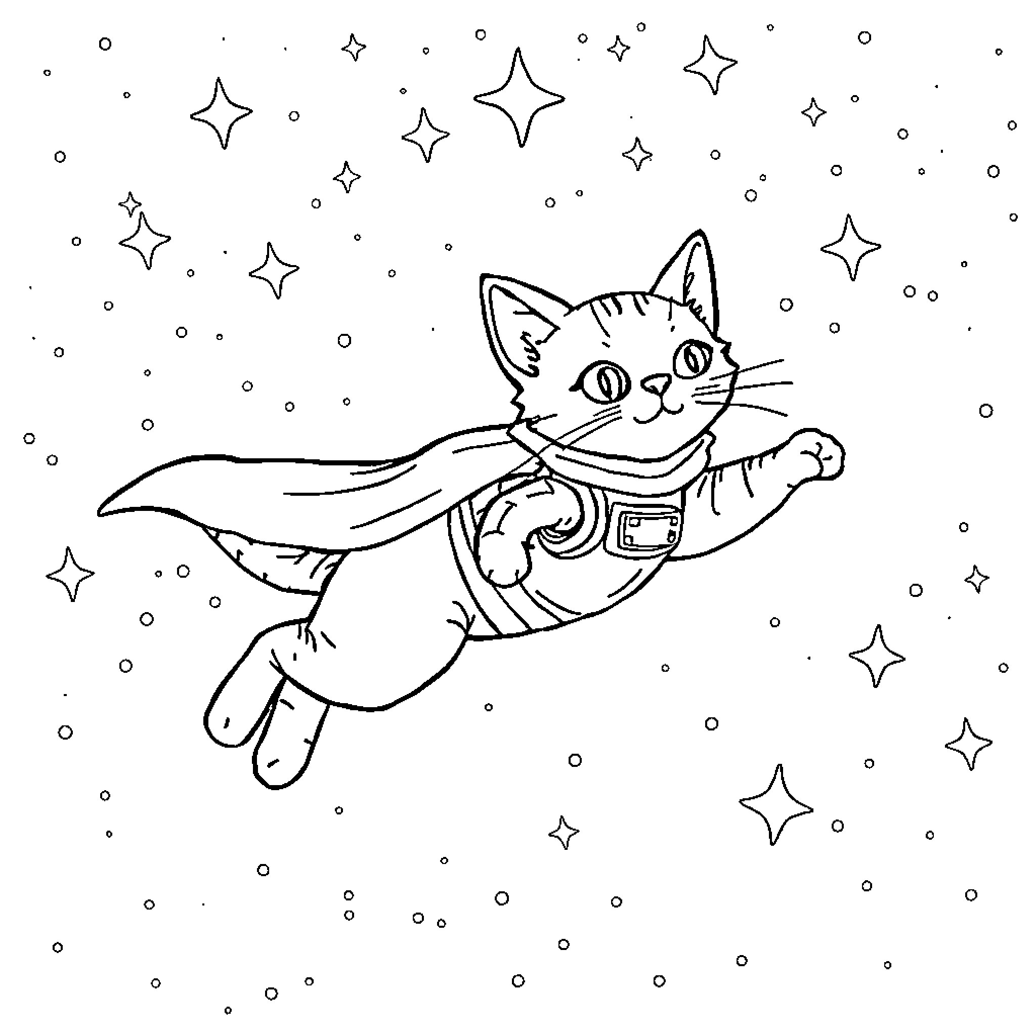 Cat superhero soaring through starry sky Coloring Page (free black-and-white line drawing printable PDF for all, from beginners to advanced learners, including children, teens, adults, and seniors)