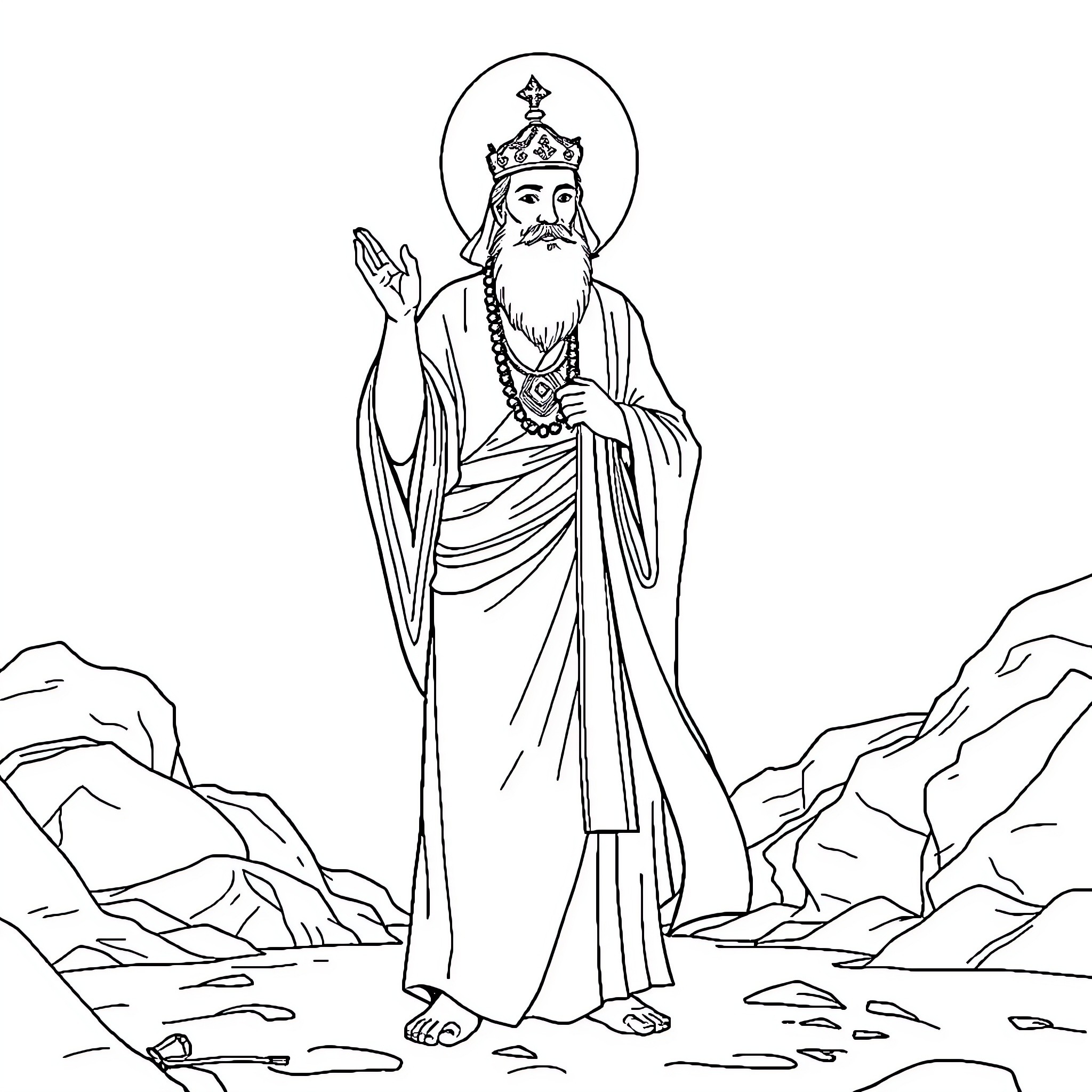 Alahazrat figure praying amidst rocky landscape Coloring Page (free black-and-white line drawing printable PDF for all, from beginners to advanced learners, including children, teens, adults, and seniors)