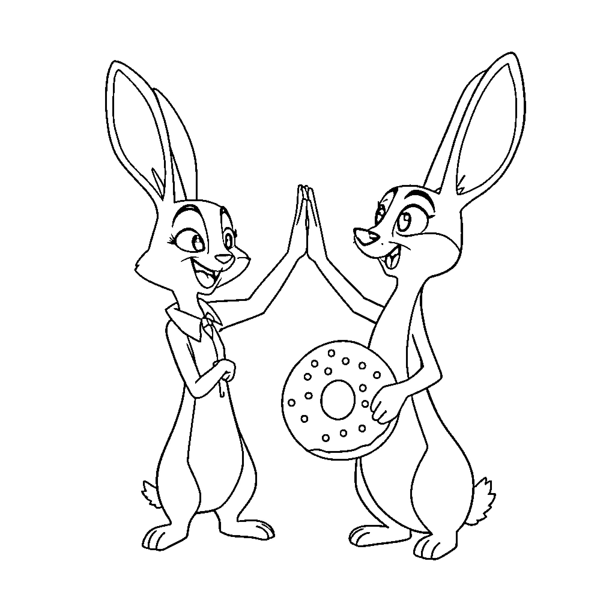 Judy and Nick: Cheerful Bunny Duo Coloring Page (free black-and-white line drawing printable PDF for all, from beginners to advanced learners, including children, teens, adults, and seniors)