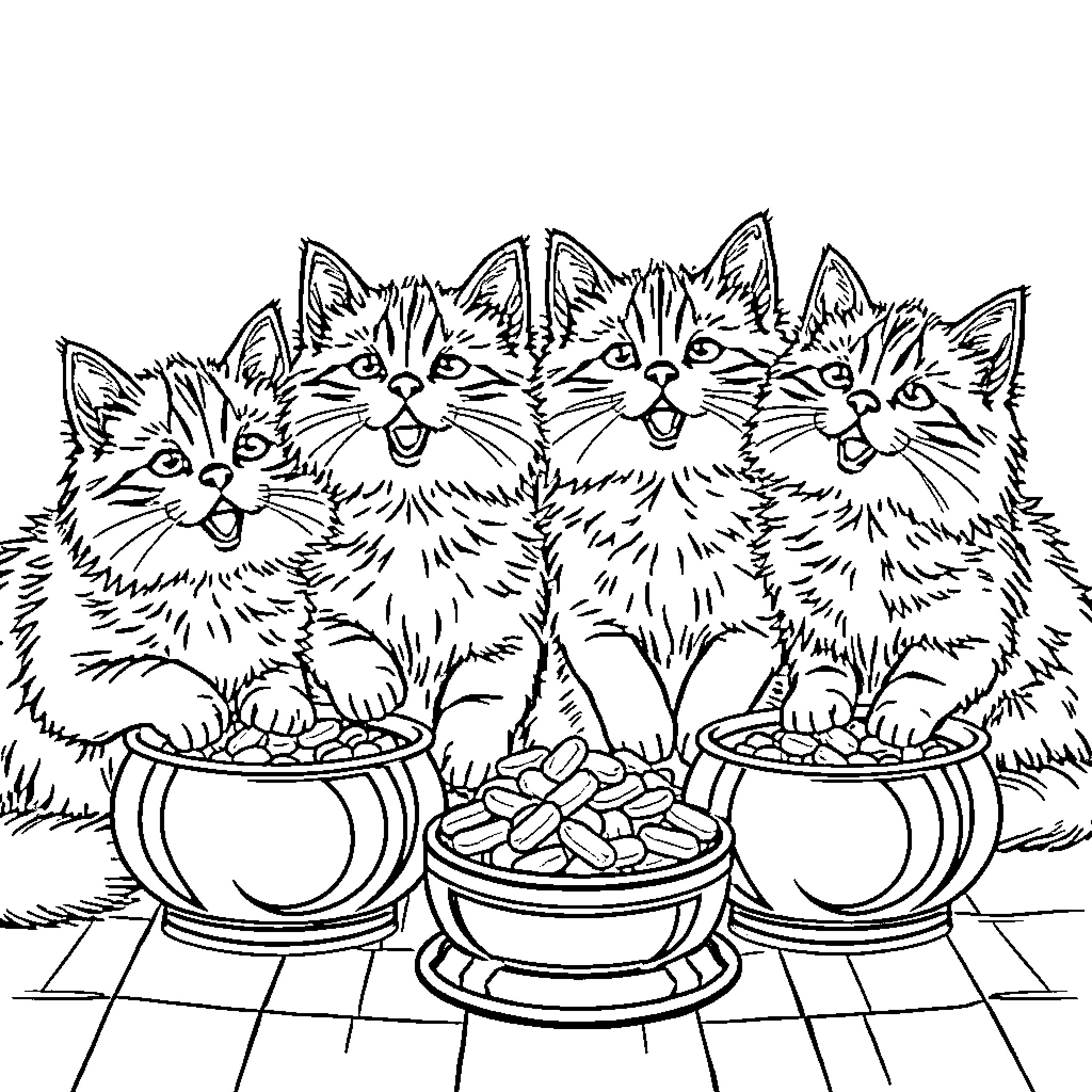 Cat Kittens in Bowls Enjoying Meal Coloring Page (free black-and-white line drawing printable PDF for all, from beginners to advanced learners, including children, teens, adults, and seniors)