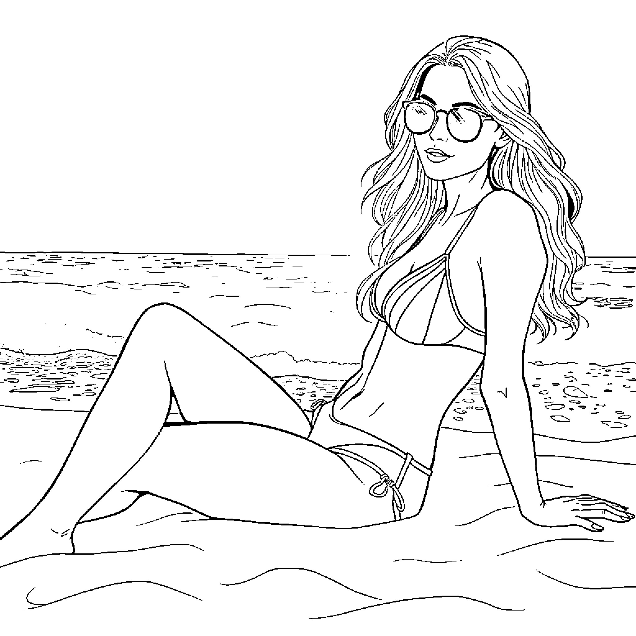 Woman relaxing on the beach in swimwear Coloring Page (free black-and-white line drawing printable PDF for all, from beginners to advanced learners, including children, teens, adults, and seniors)