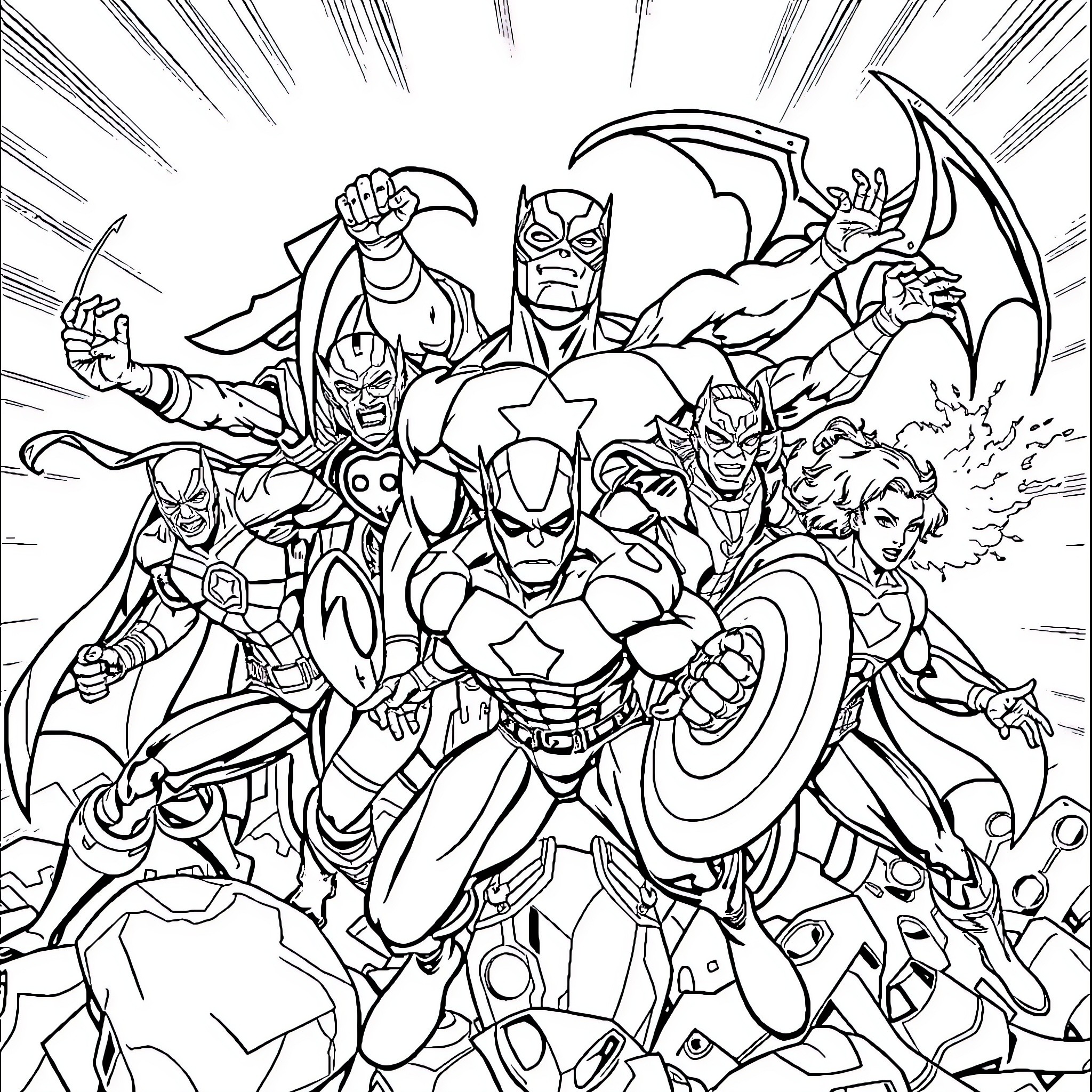 Marvel Heroes in Heroic Pose Coloring Page (free black-and-white line drawing printable PDF for all, from beginners to advanced learners, including children, teens, adults, and seniors)