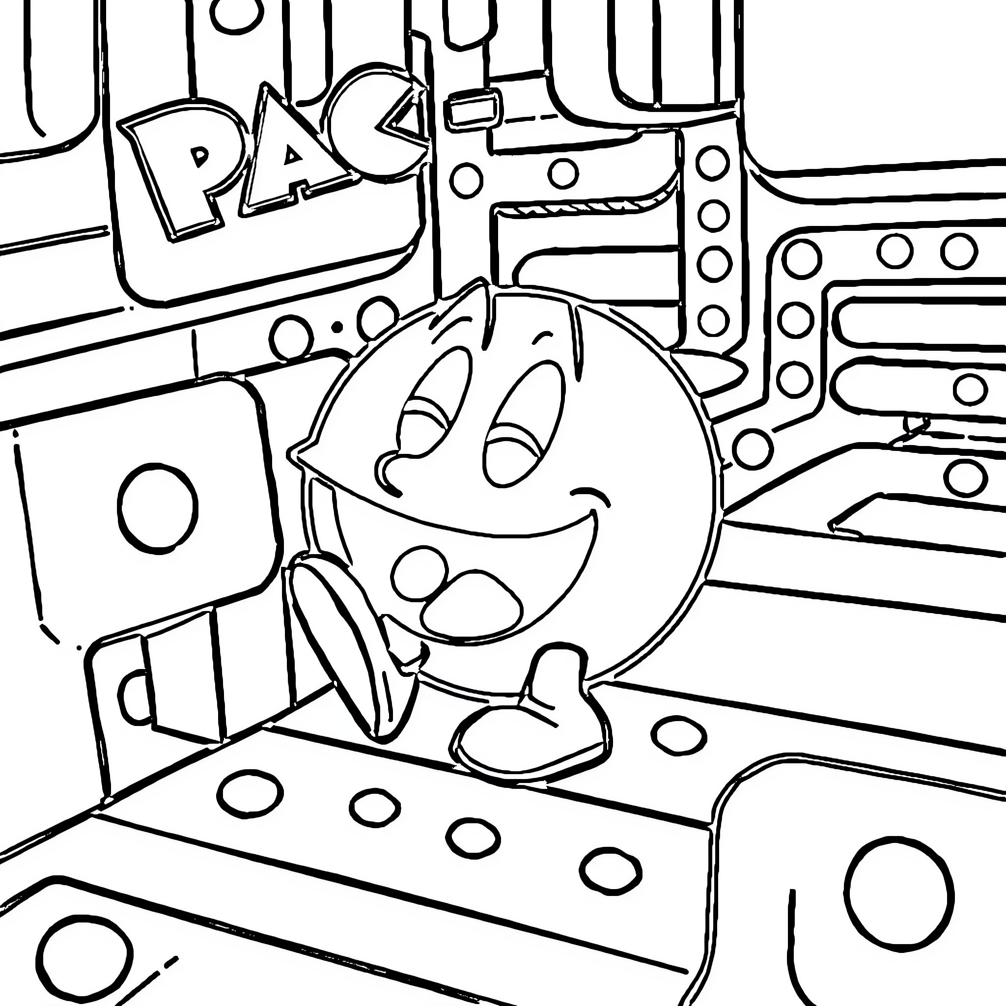 Pac-Man enjoying adventures in the arcade Coloring Page (free black-and-white line drawing printable PDF for all, from beginners to advanced learners, including children, teens, adults, and seniors)