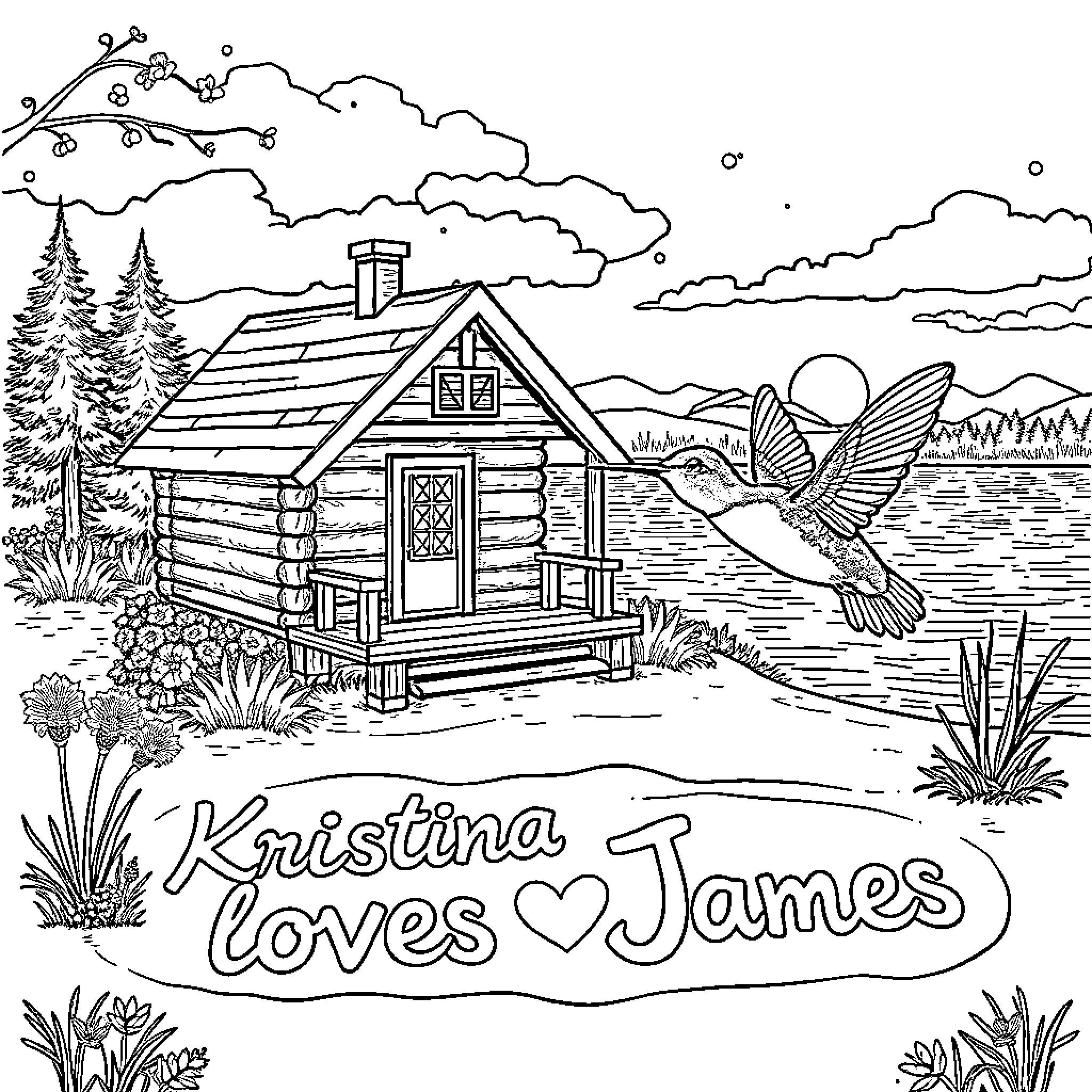 Cabin by the Lake with Hummingbird Coloring Page (free black-and-white line drawing printable PDF for all, from beginners to advanced learners, including children, teens, adults, and seniors)