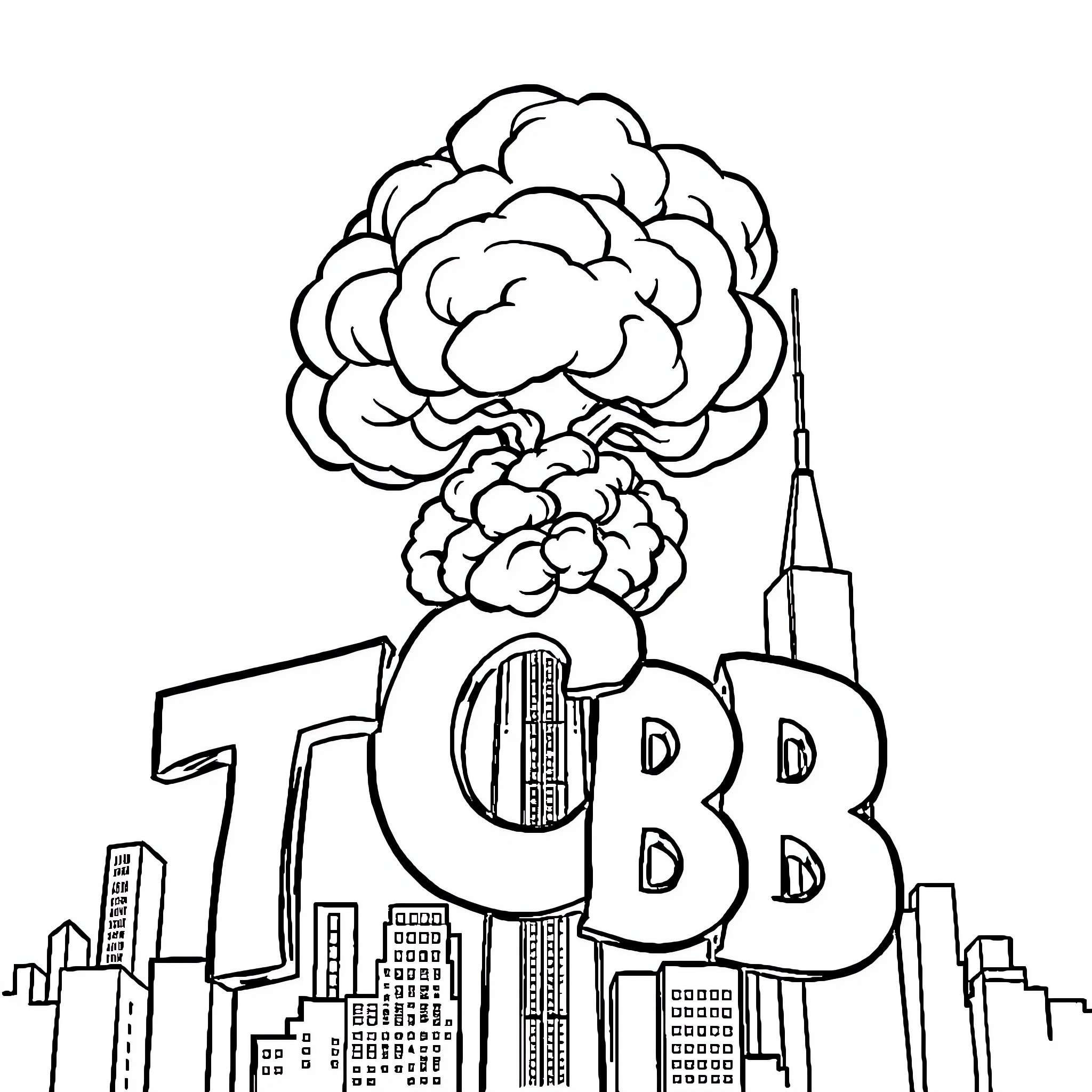 Lettering explosion over city skyline Coloring Page (free black-and-white line drawing printable PDF for all, from beginners to advanced learners, including children, teens, adults, and seniors)