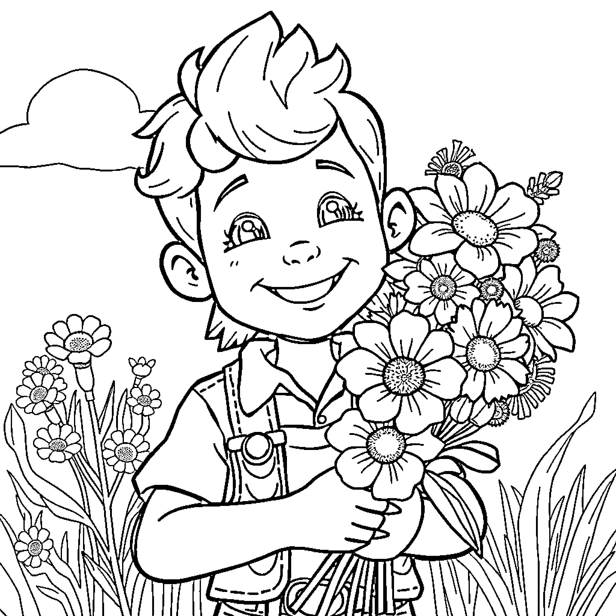 Boy holding a bouquet of flowers in the garden Coloring Page (free black-and-white line drawing printable PDF for all, from beginners to advanced learners, including children, teens, adults, and seniors)
