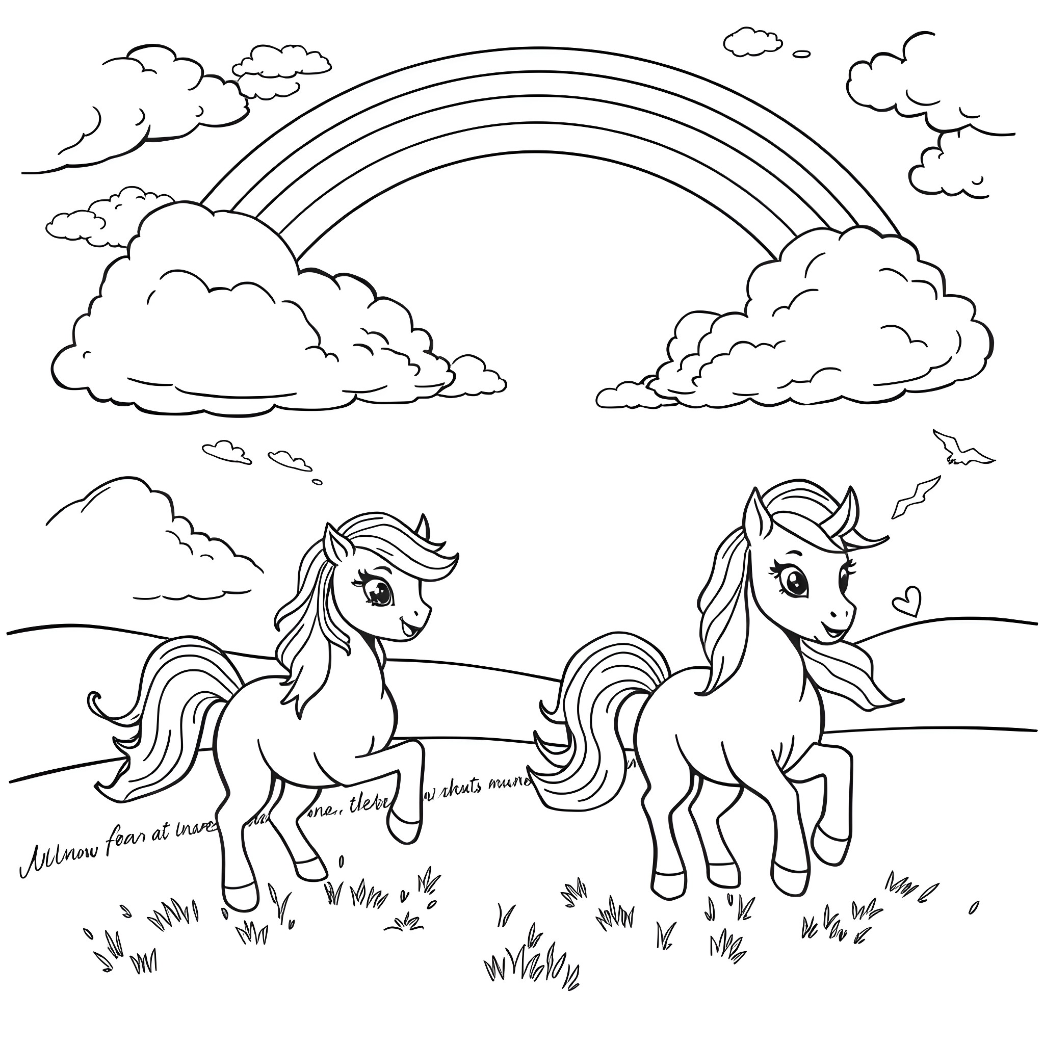 Pony friends playing happily in the field Coloring Page (free black-and-white line drawing printable PDF for all, from beginners to advanced learners, including children, teens, adults, and seniors)