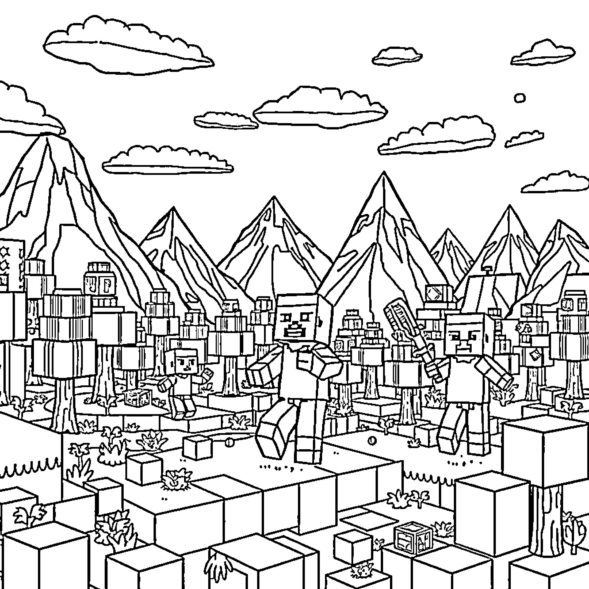 Minecraft Character Exploring a Blocky Mountain Town Coloring Page (free black-and-white line drawing printable PDF for all, from beginners to advanced learners, including children, teens, adults, and seniors)