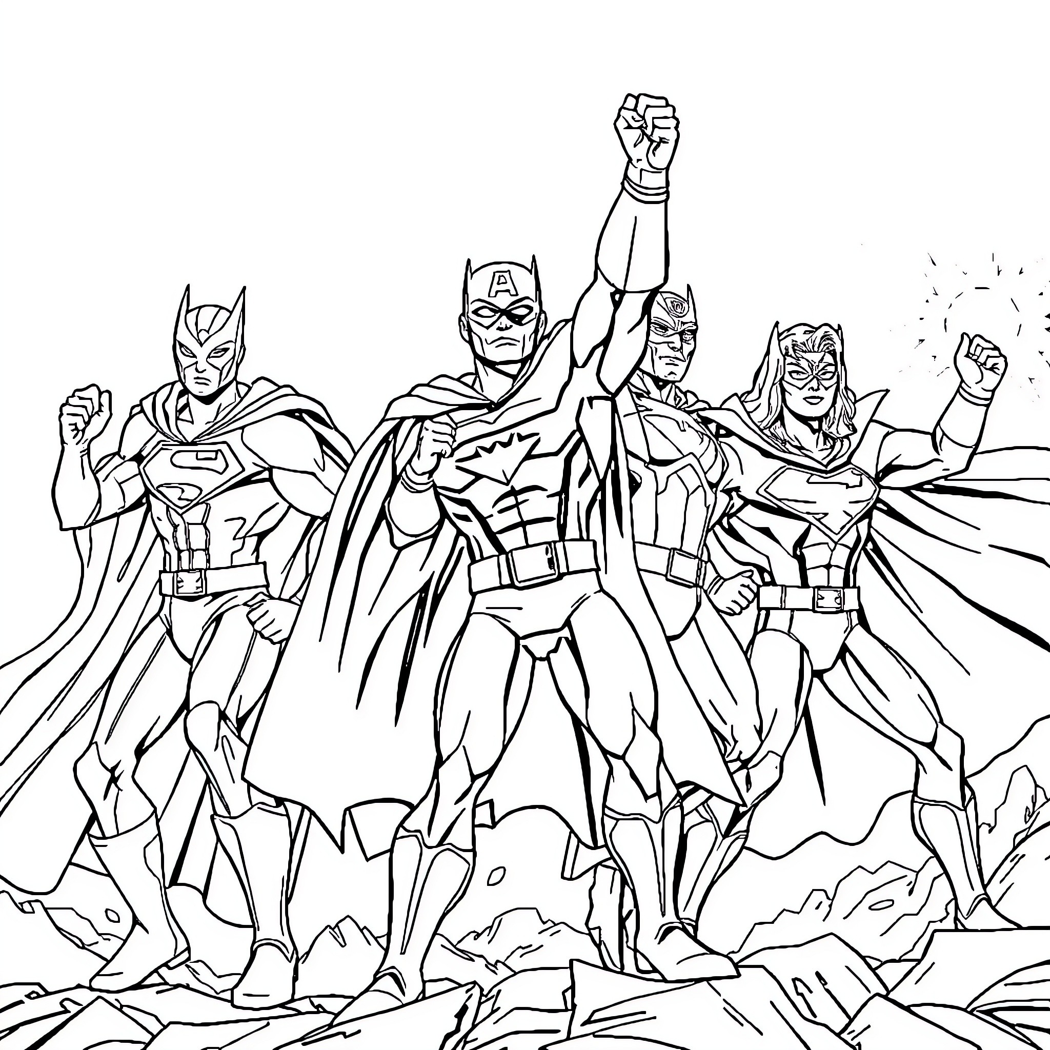 Superheroes Triumph over Adversity in Epic Battle Coloring Page (free black-and-white line drawing printable PDF for all, from beginners to advanced learners, including children, teens, adults, and seniors)