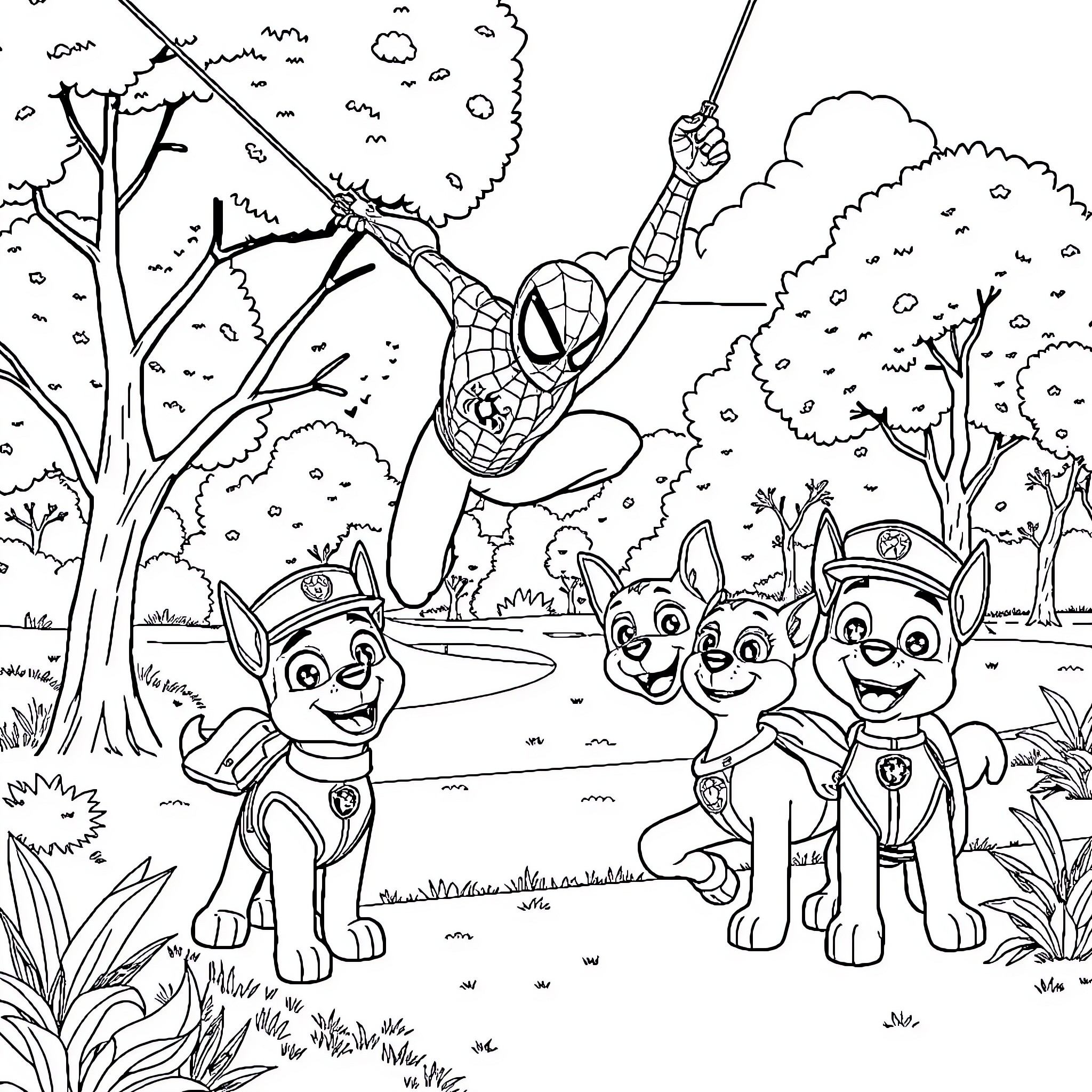 Spider-Man swinging through the city with puppy friends Coloring Page (free black-and-white line drawing printable PDF for all, from beginners to advanced learners, including children, teens, adults, and seniors)