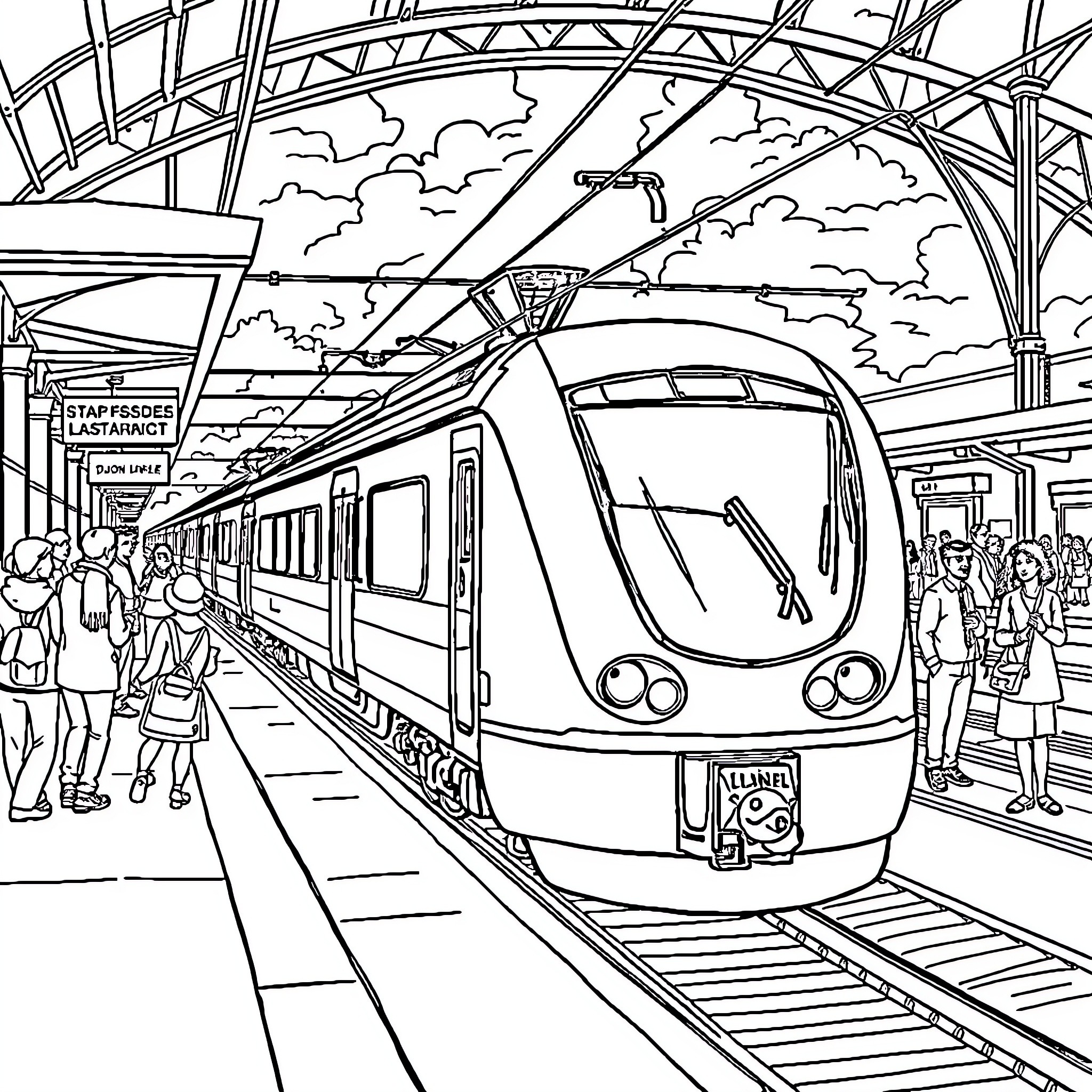 Train arriving at a busy station platform Coloring Page (free black-and-white line drawing printable PDF for all, from beginners to advanced learners, including children, teens, adults, and seniors)