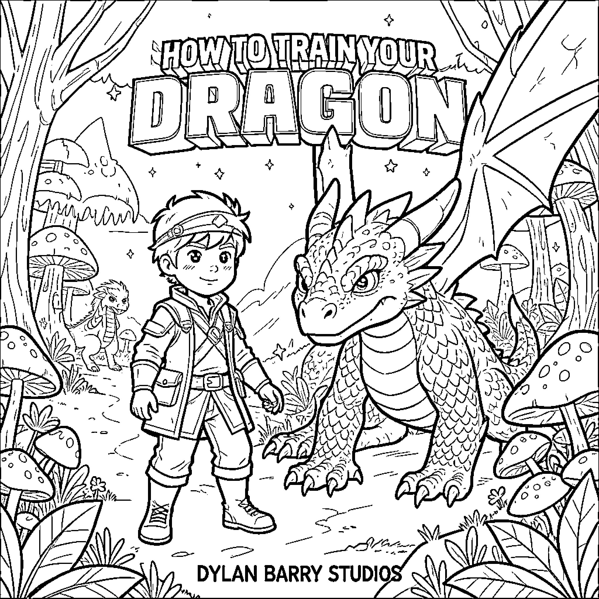 Dragon and young adventurer exploring fantasy world Coloring Page (free black-and-white line drawing printable PDF for all, from beginners to advanced learners, including children, teens, adults, and seniors)