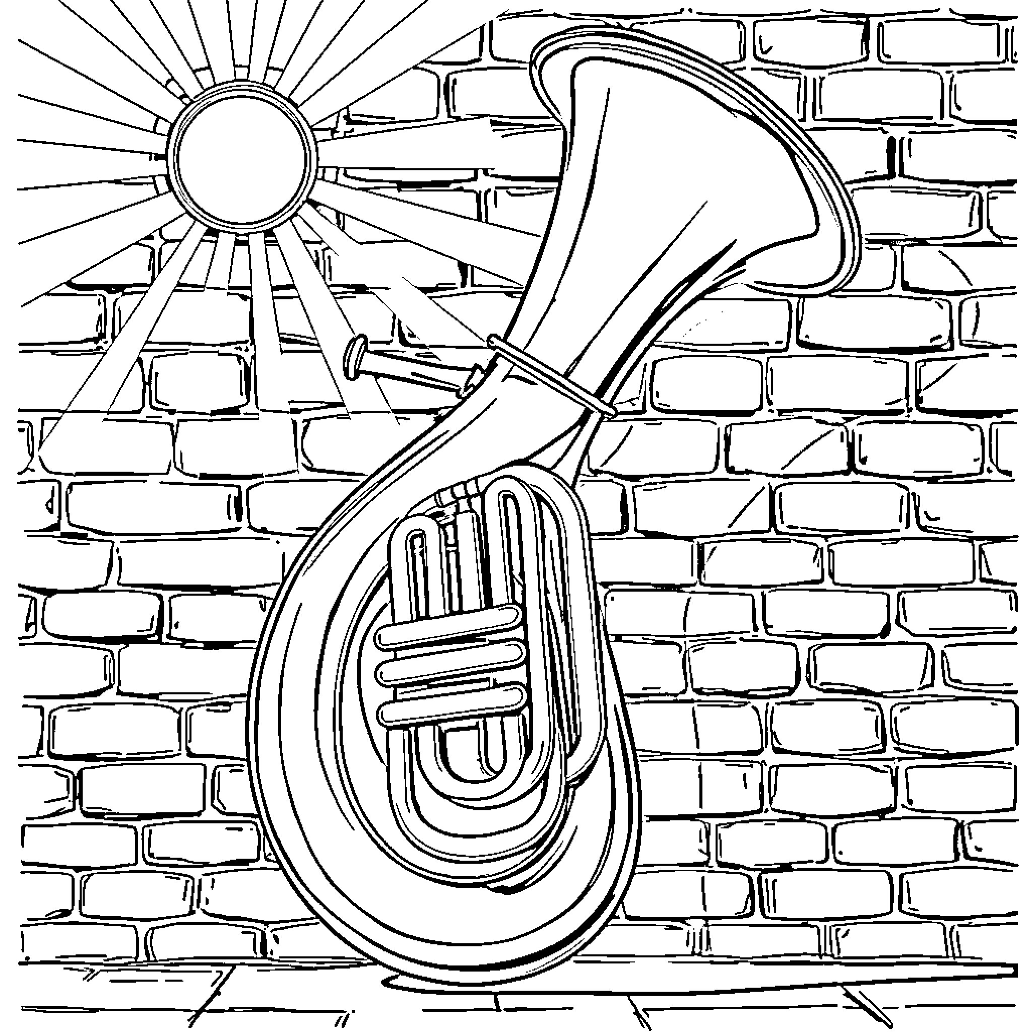 Sousaphone against a brick wall with sunlight Coloring Page (free black-and-white line drawing printable PDF for all, from beginners to advanced learners, including children, teens, adults, and seniors)