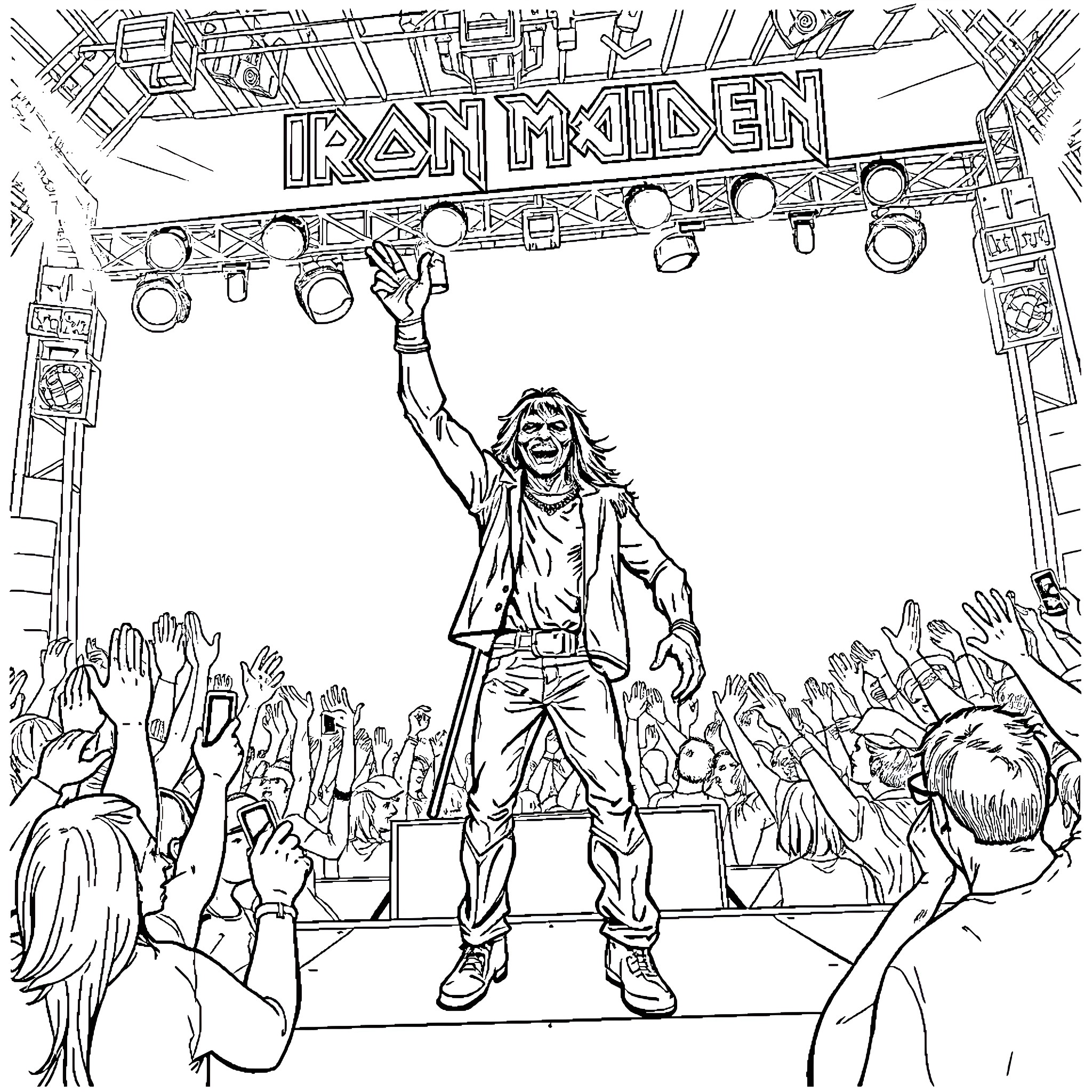 Eddie's Electrifying Performance on the Iron Maiden Stage Coloring Page (free black-and-white line drawing printable PDF for all, from beginners to advanced learners, including children, teens, adults, and seniors)