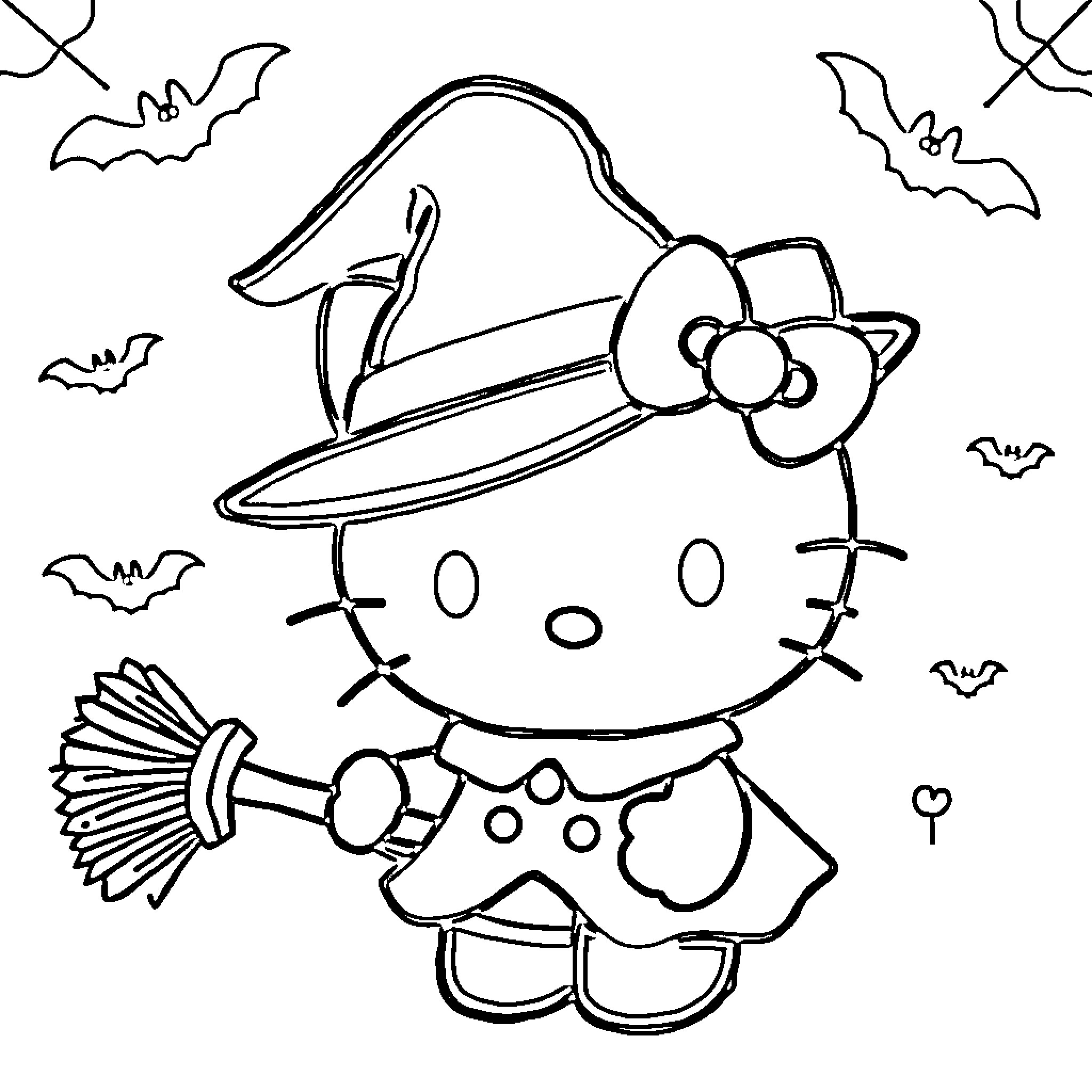 Hello Kitty Sweeping Bats in Spooky Night Scene Coloring Page (free black-and-white line drawing printable PDF for all, from beginners to advanced learners, including children, teens, adults, and seniors)