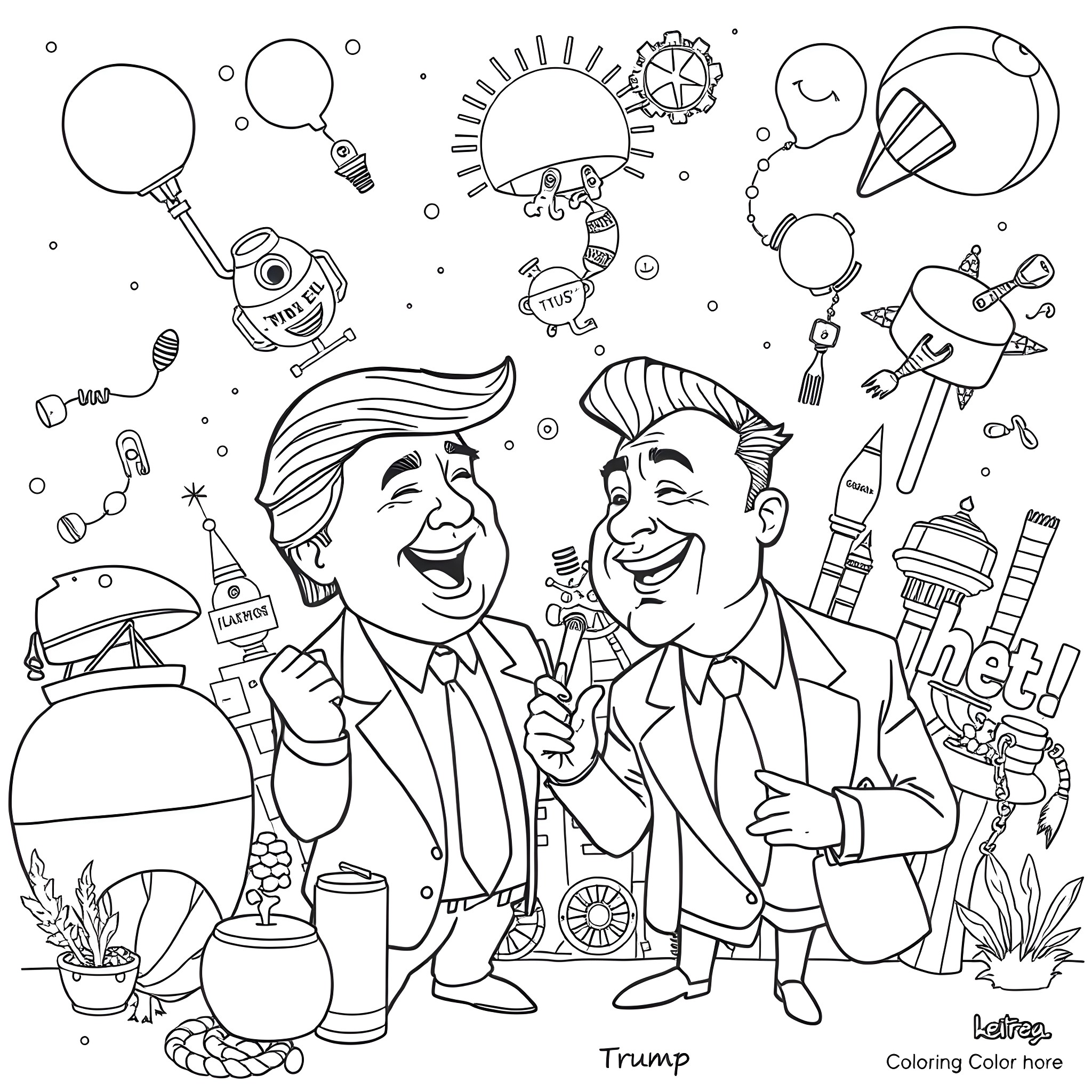 Trump and His Supporters in a Whimsical Scene Coloring Page (free black-and-white line drawing printable PDF for all, from beginners to advanced learners, including children, teens, adults, and seniors)