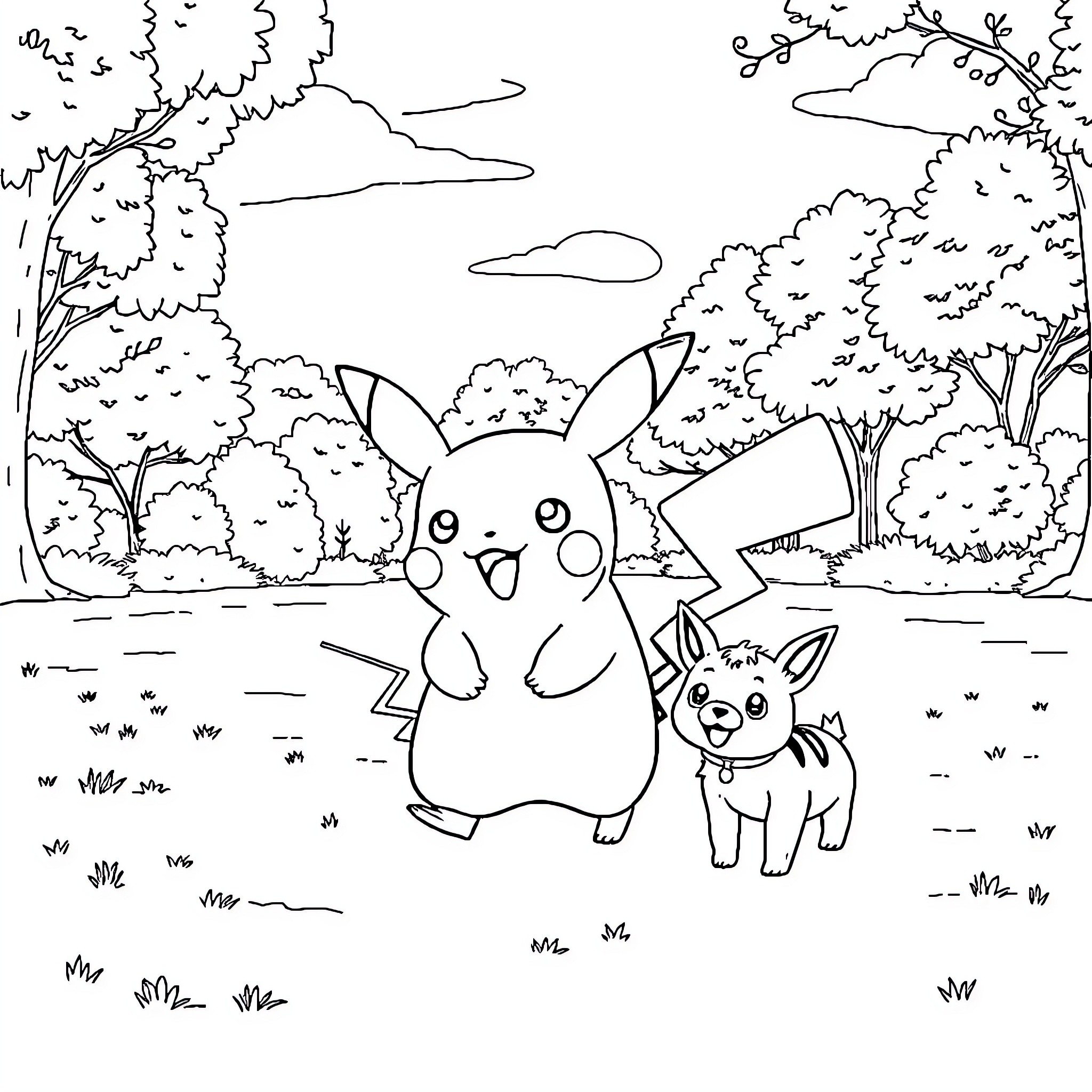 Pikachu and Piplup exploring the forest Coloring Page (free black-and-white line drawing printable PDF for all, from beginners to advanced learners, including children, teens, adults, and seniors)