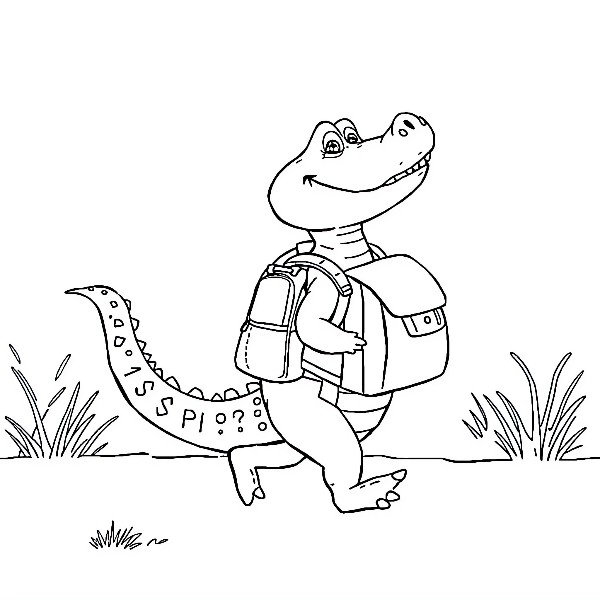 Alligator going on an adventure with backpack Coloring Page (free black-and-white line drawing printable PDF for all, from beginners to advanced learners, including children, teens, adults, and seniors)