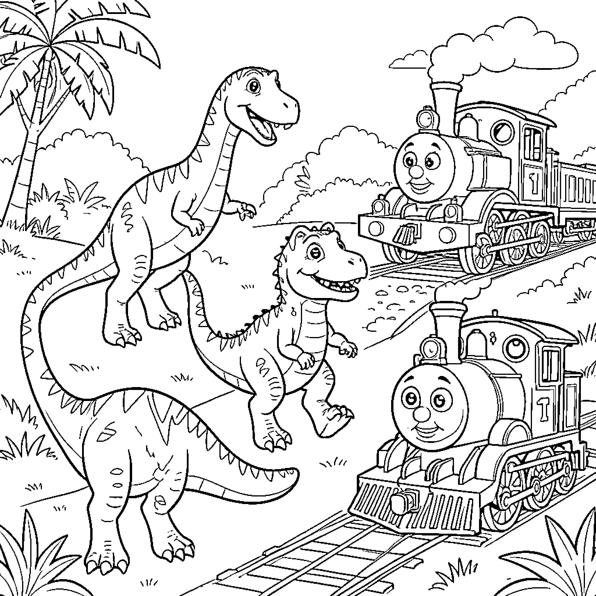 Dinosaur characters interacting playfully with smiling steam trains Coloring Page (free black-and-white line drawing printable PDF for all, from beginners to advanced learners, including children, teens, adults, and seniors)