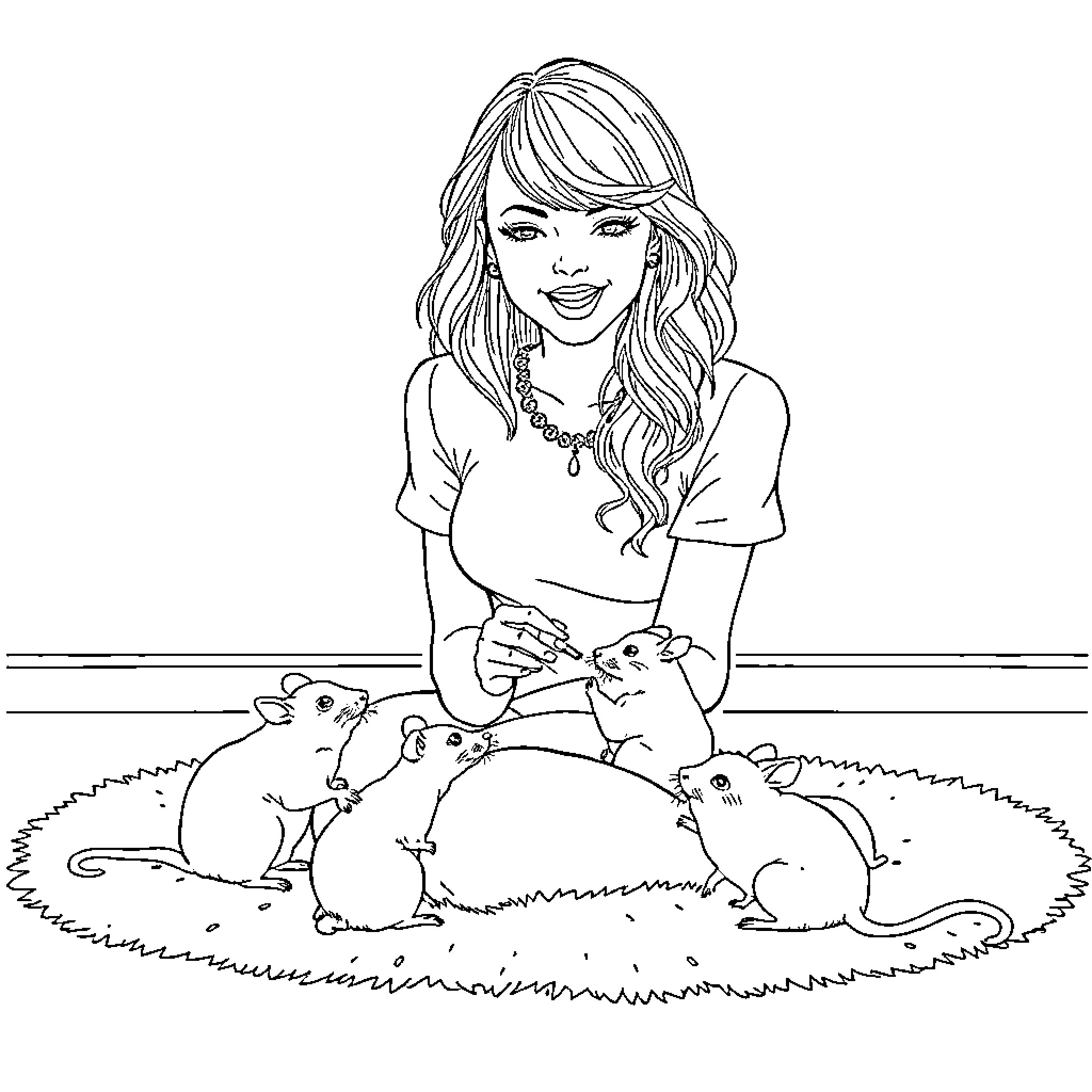 Taylor Swift playing with cute animals Coloring Page (free black-and-white line drawing printable PDF for all, from beginners to advanced learners, including children, teens, adults, and seniors)