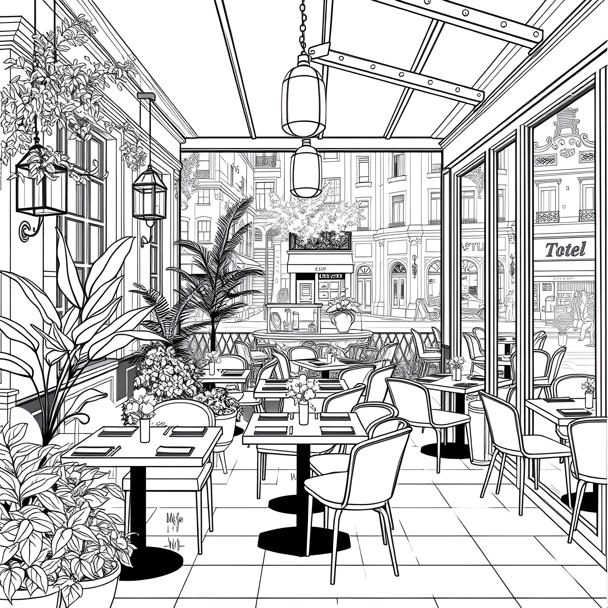 Real Estate: Cozy Cafe Interior with Greenery and Furnishings Coloring Page (free black-and-white line drawing printable PDF for all, from beginners to advanced learners, including children, teens, adults, and seniors)