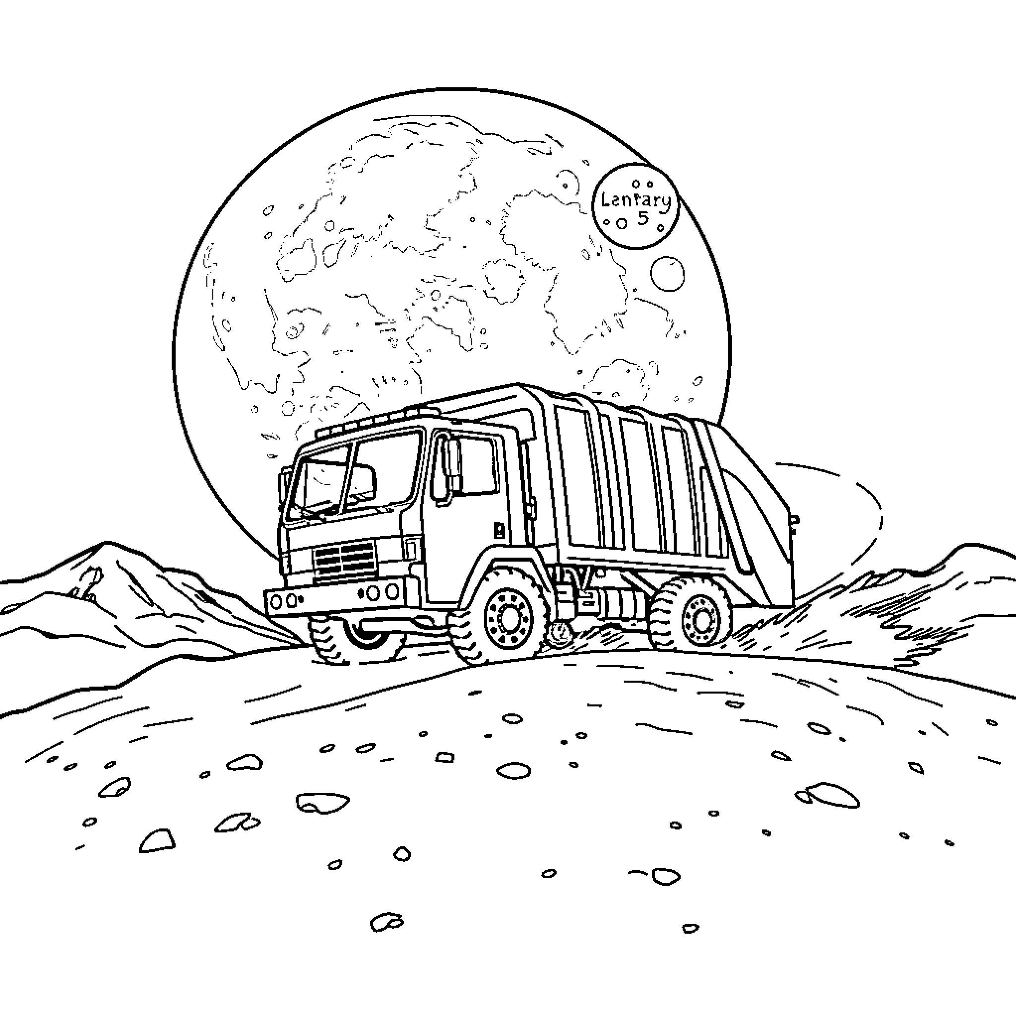 Garbage Truck Navigating Through Rugged Terrain Under Moonlight Coloring Page (free black-and-white line drawing printable PDF for all, from beginners to advanced learners, including children, teens, adults, and seniors)