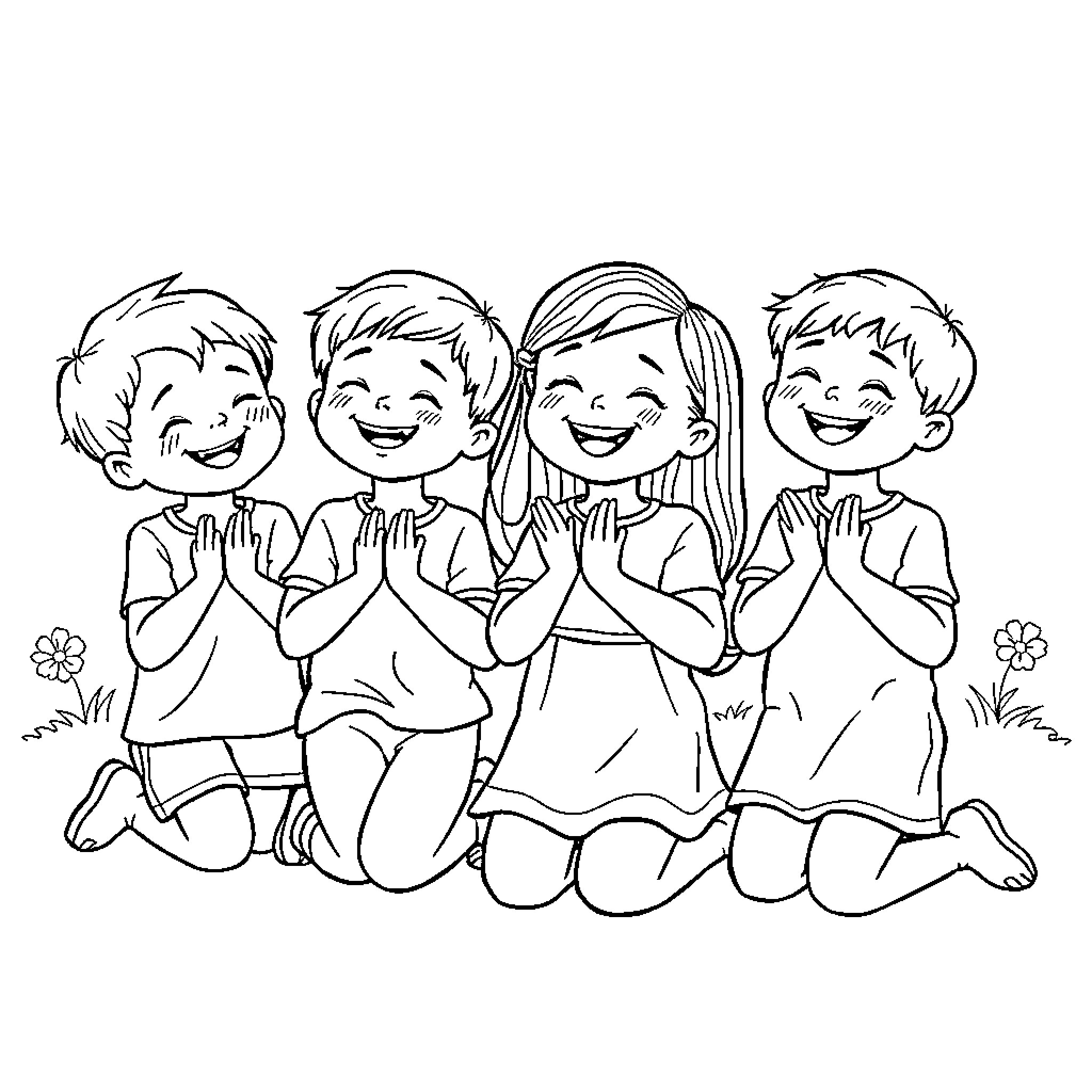 Children praying happily together in the garden Coloring Page (free black-and-white line drawing printable PDF for all, from beginners to advanced learners, including children, teens, adults, and seniors)