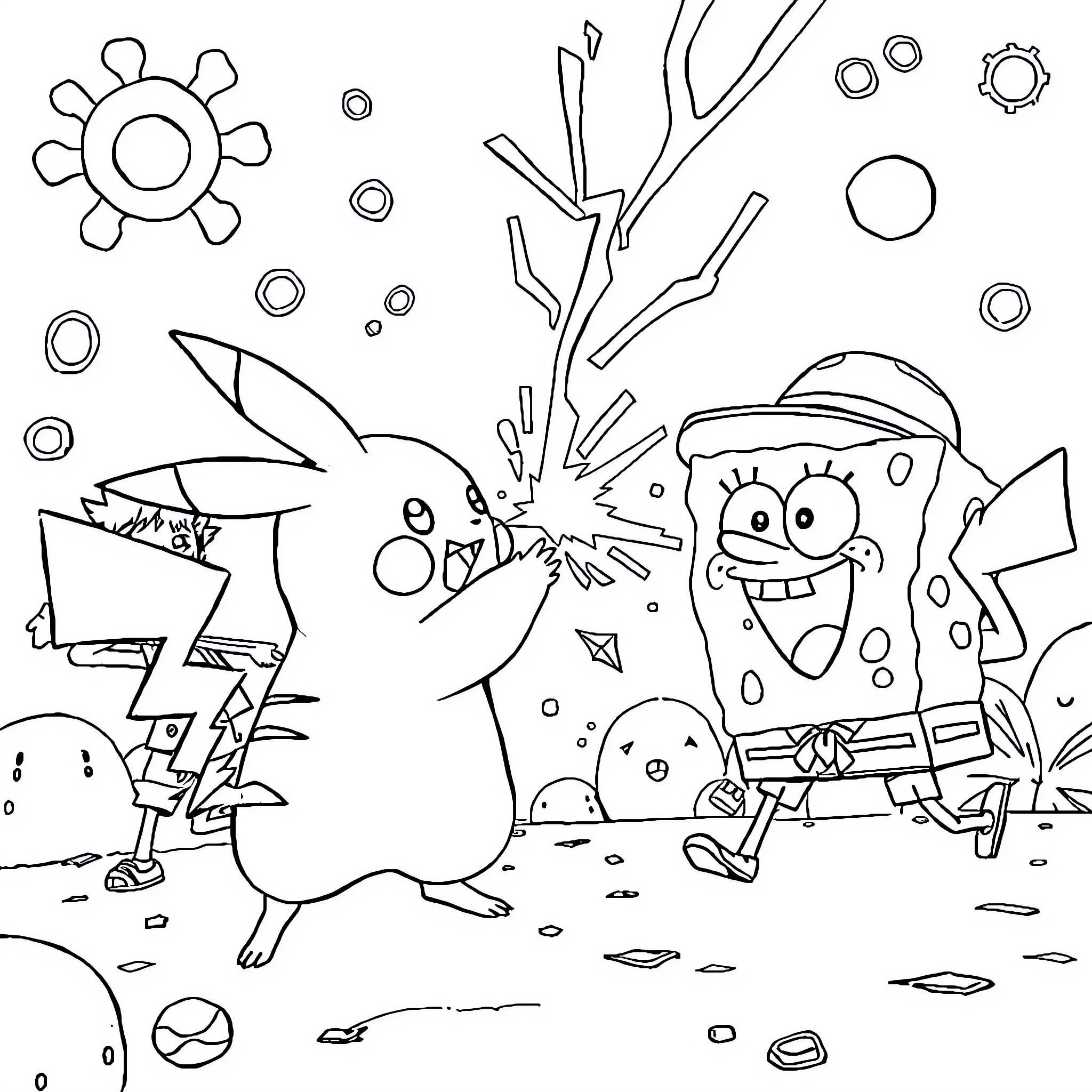 Pikachu having an explosive encounter with a cartoon character Coloring Page (free black-and-white line drawing printable PDF for all, from beginners to advanced learners, including children, teens, adults, and seniors)