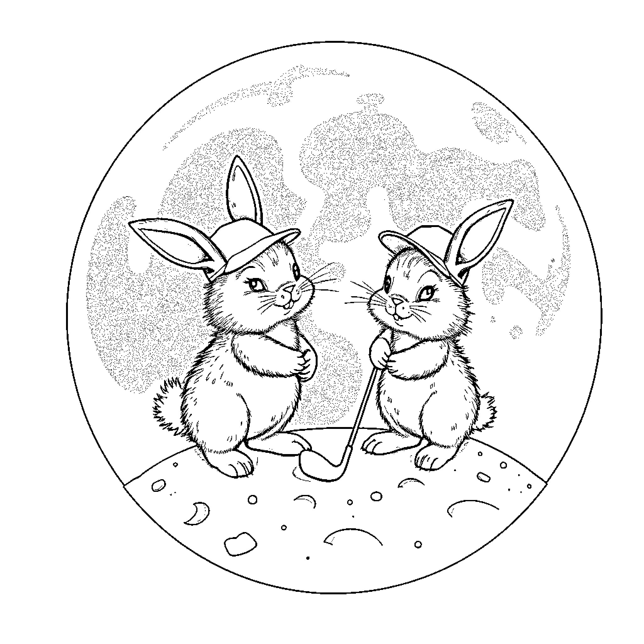 Bunny friends exploring the night sky Coloring Page (free black-and-white line drawing printable PDF for all, from beginners to advanced learners, including children, teens, adults, and seniors)