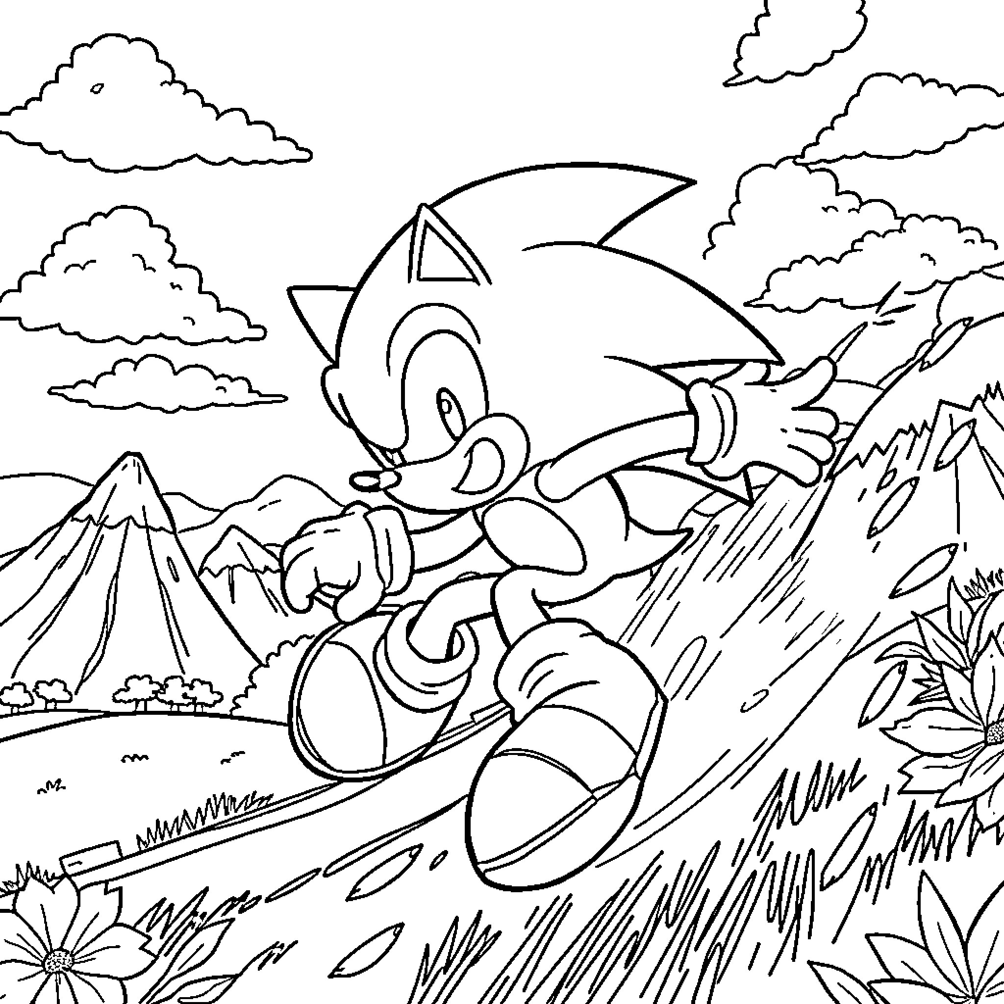 Sonic's thrilling mountain adventure Coloring Page (free black-and-white line drawing printable PDF for all, from beginners to advanced learners, including children, teens, adults, and seniors)