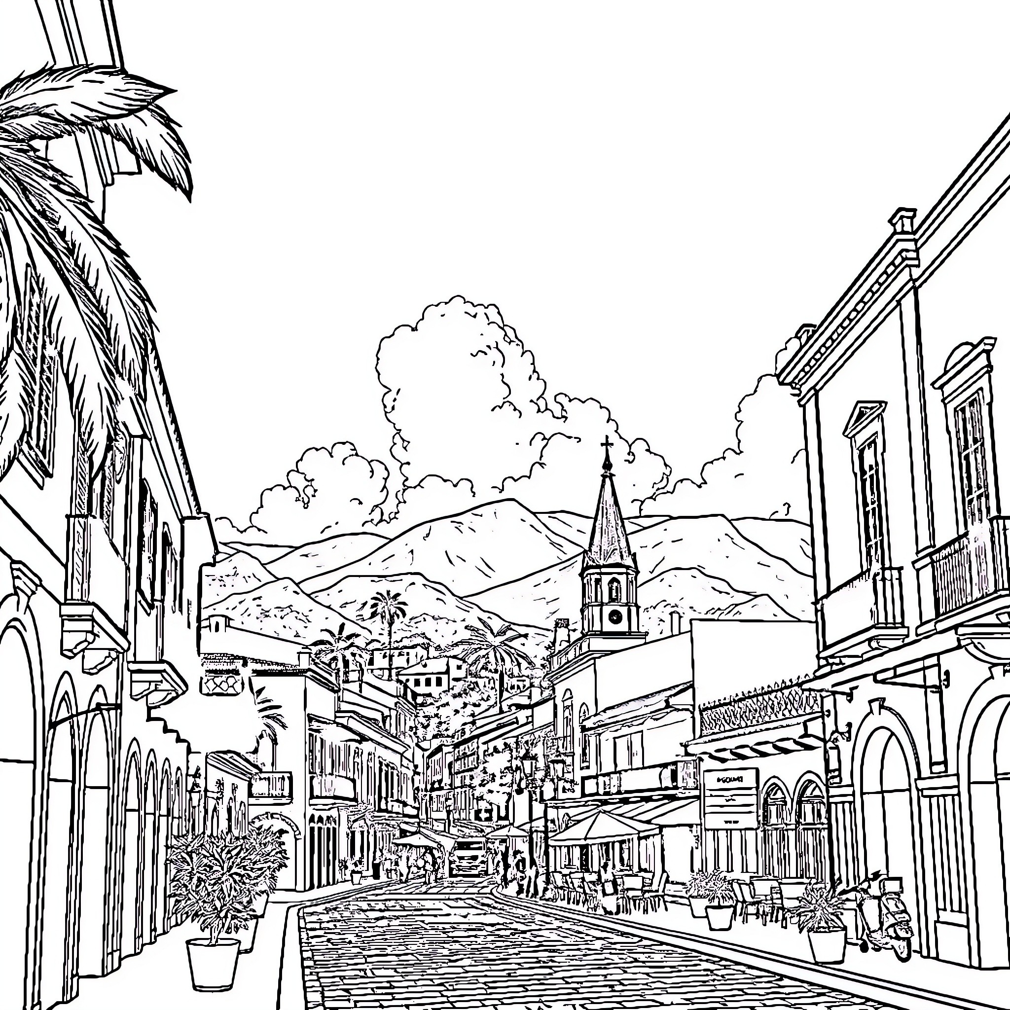 San Agustín: Bustling town with historic architecture Coloring Page (free black-and-white line drawing printable PDF for all, from beginners to advanced learners, including children, teens, adults, and seniors)