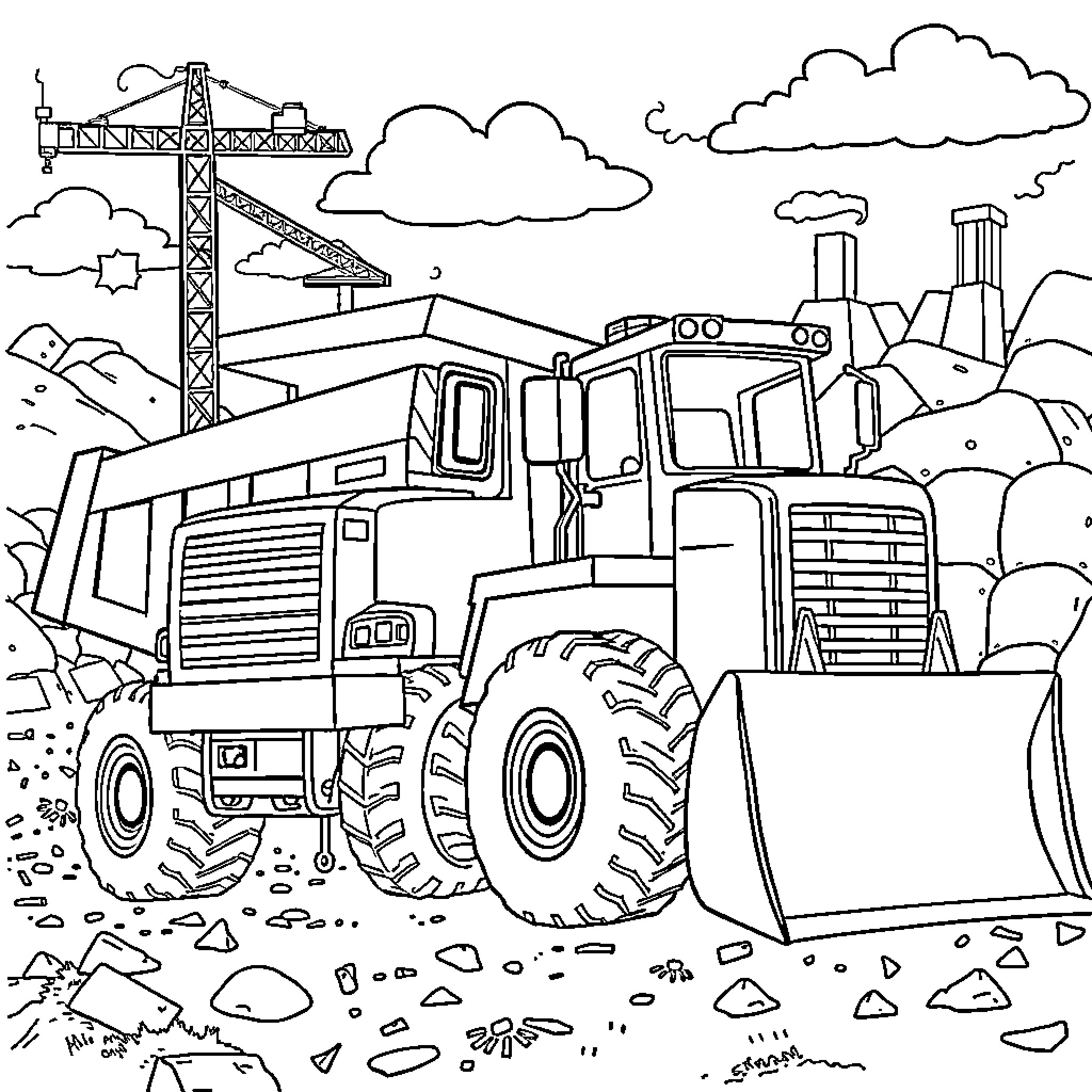 Dump Truck at the Construction Site Coloring Page (free black-and-white line drawing printable PDF for all, from beginners to advanced learners, including children, teens, adults, and seniors)