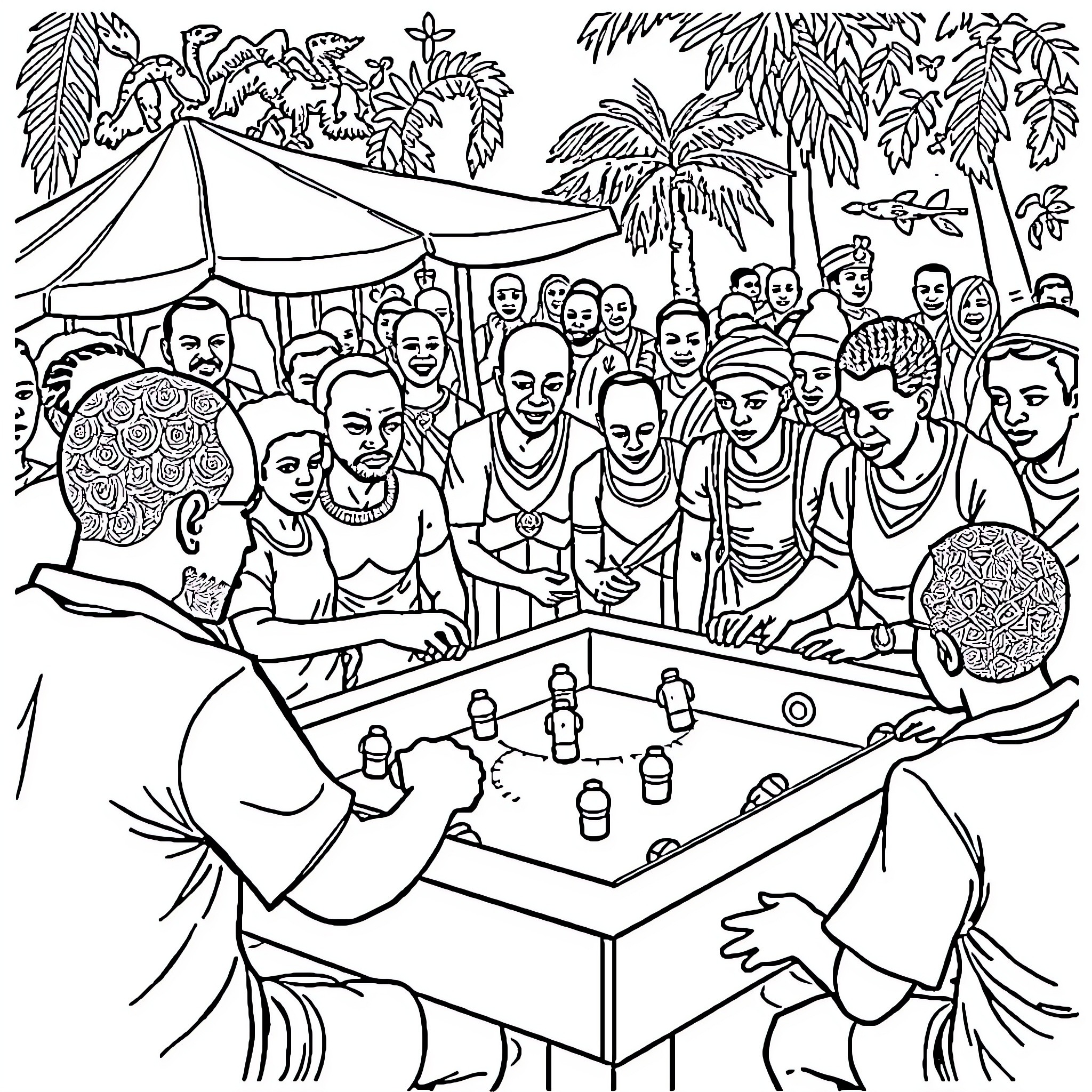 Denis Sassou Nguesso hosting a community gathering Coloring Page (free black-and-white line drawing printable PDF for all, from beginners to advanced learners, including children, teens, adults, and seniors)