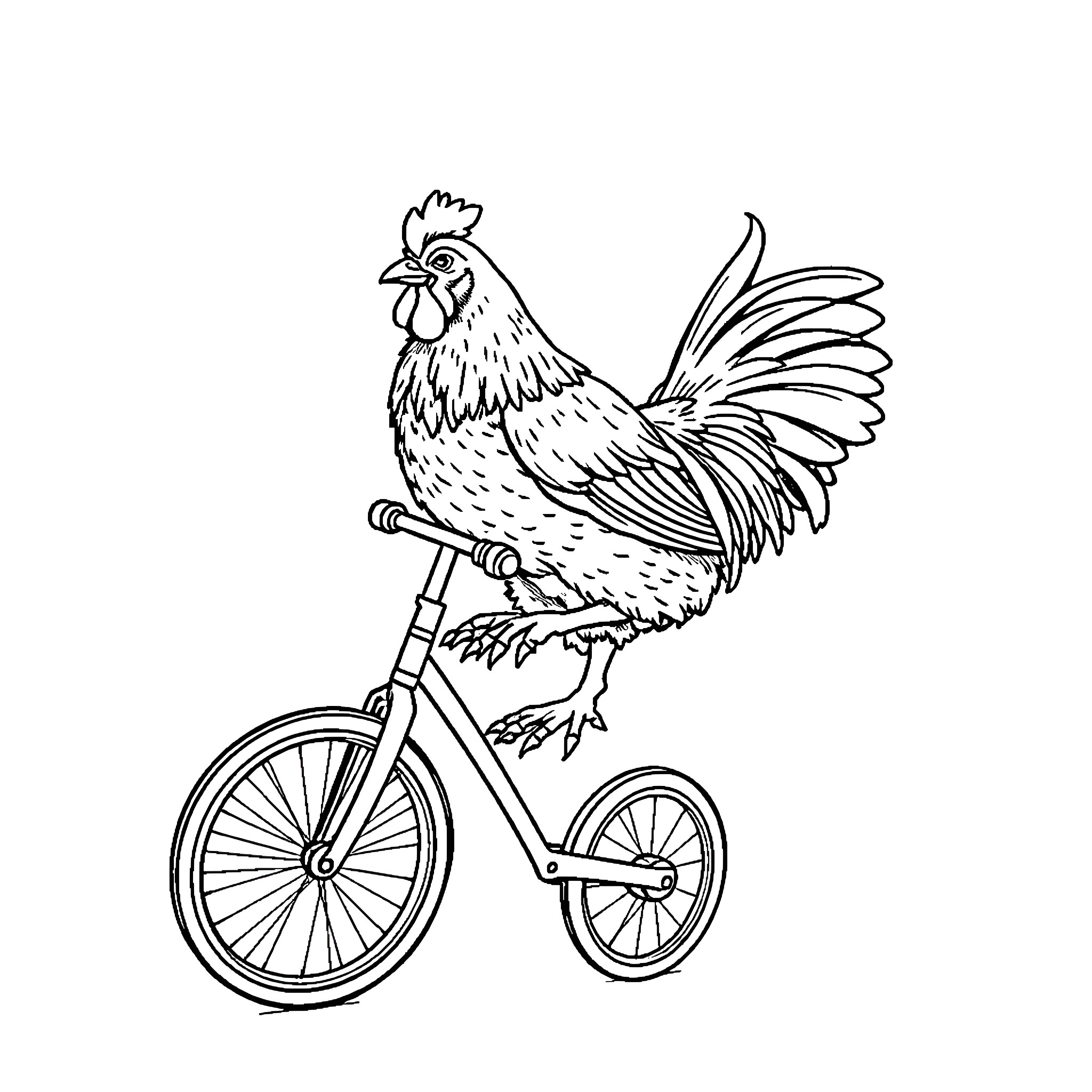 Chicken riding a bicycle Coloring Page (free black-and-white line drawing printable PDF for all, from beginners to advanced learners, including children, teens, adults, and seniors)