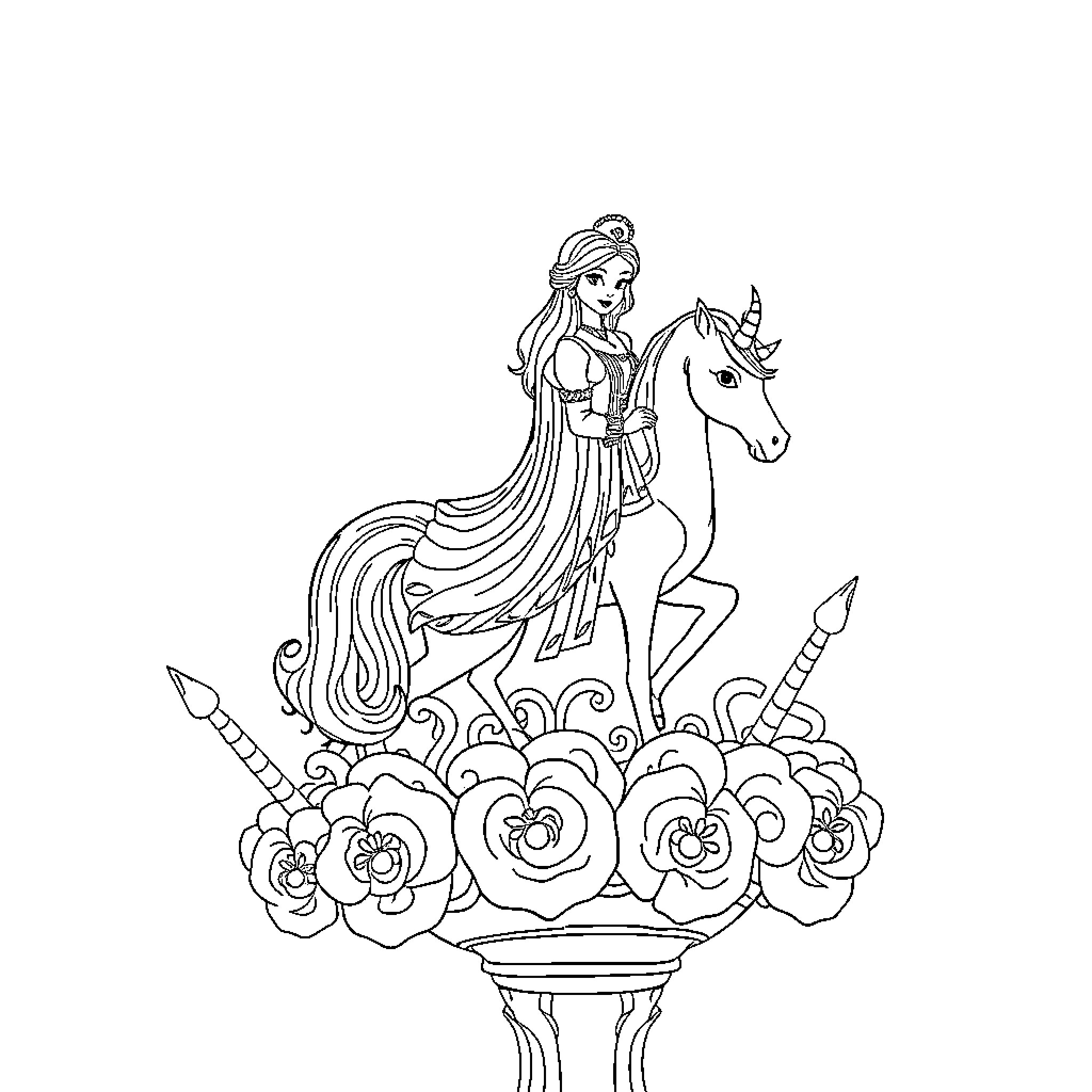Queen Riding a Majestic Unicorn Amidst Flowers Coloring Page (free black-and-white line drawing printable PDF for all, from beginners to advanced learners, including children, teens, adults, and seniors)