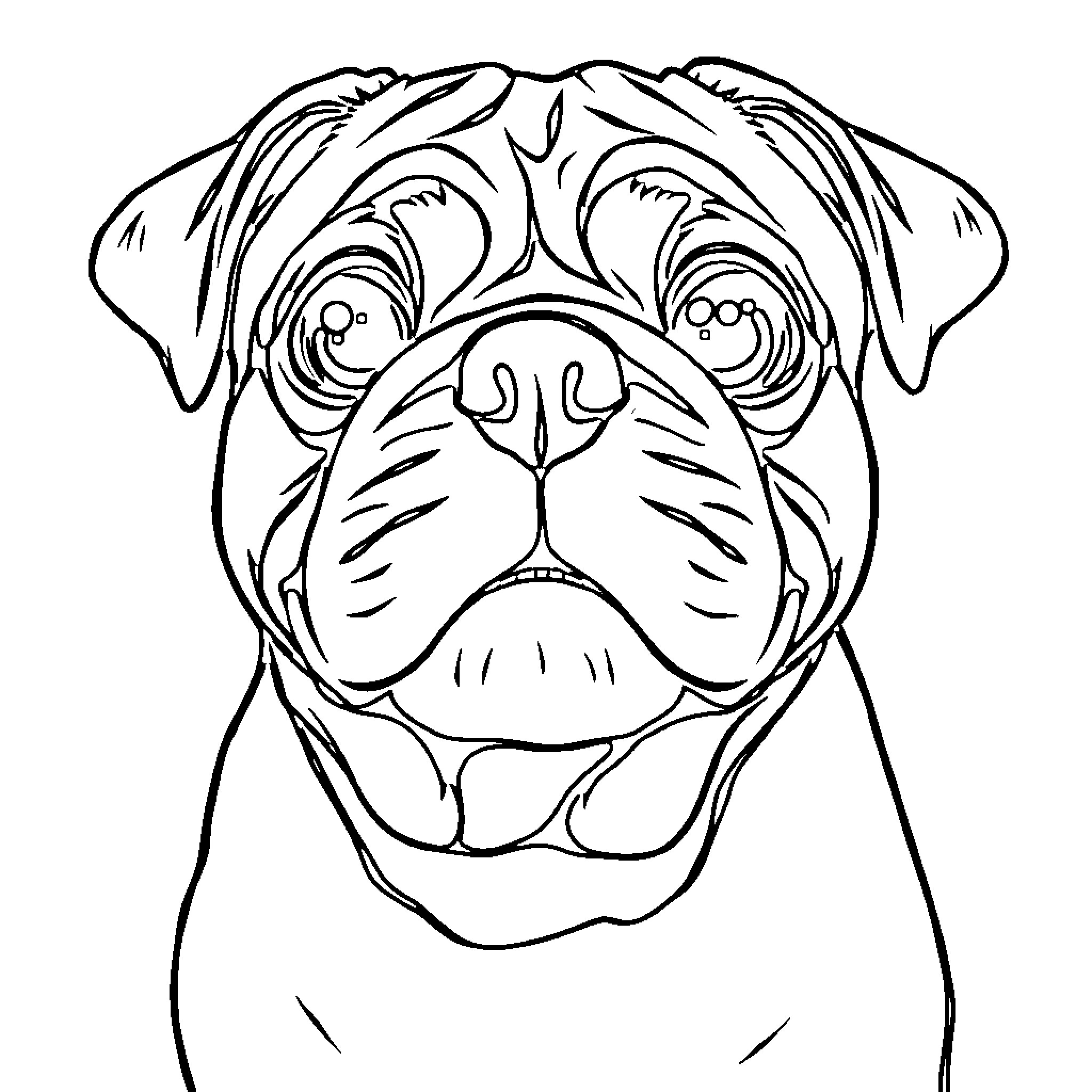 Pug with Expressive Face Coloring Page (free black-and-white line drawing printable PDF for all, from beginners to advanced learners, including children, teens, adults, and seniors)