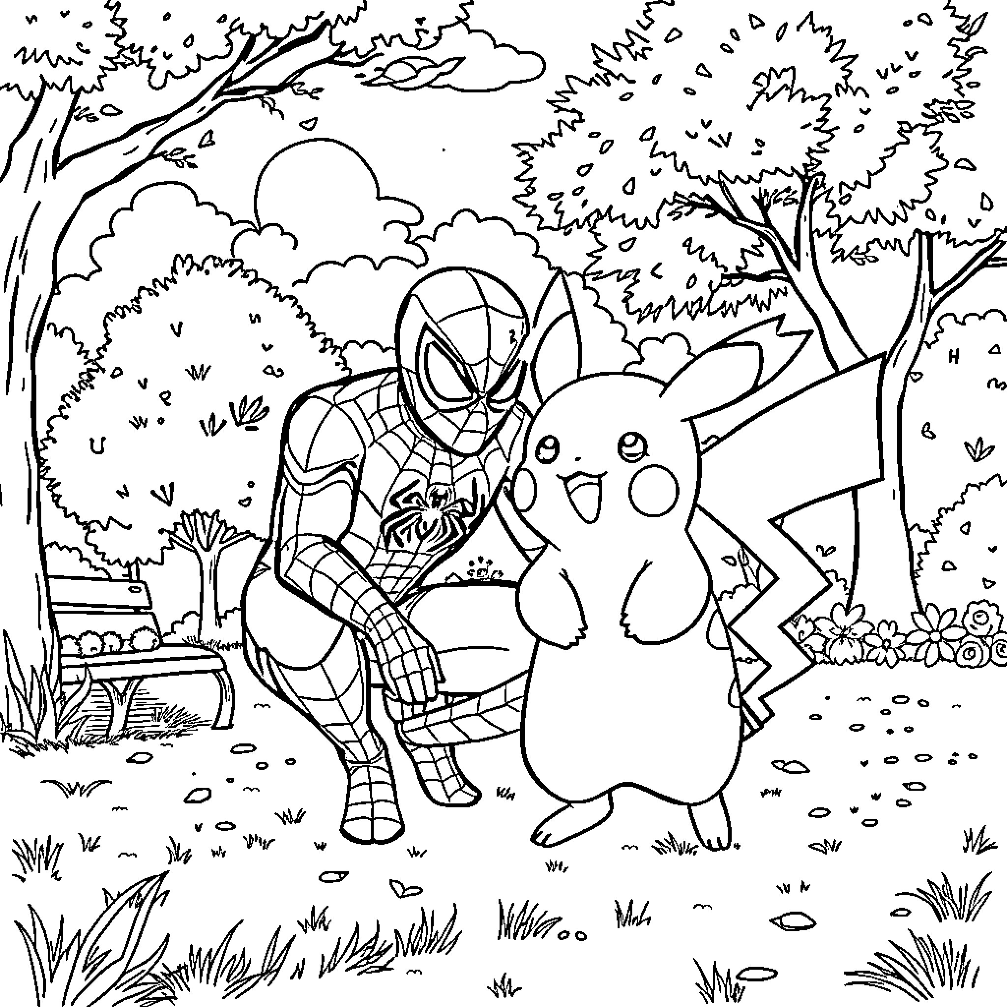 Pikachu and Spider-Man explore the forest Coloring Page (free black-and-white line drawing printable PDF for all, from beginners to advanced learners, including children, teens, adults, and seniors)
