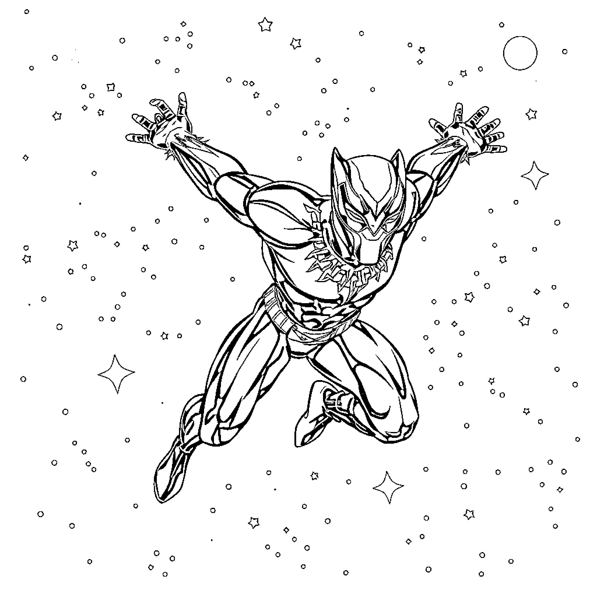 Panther Warrior Soaring Through Cosmic Void Coloring Page (free black-and-white line drawing printable PDF for all, from beginners to advanced learners, including children, teens, adults, and seniors)
