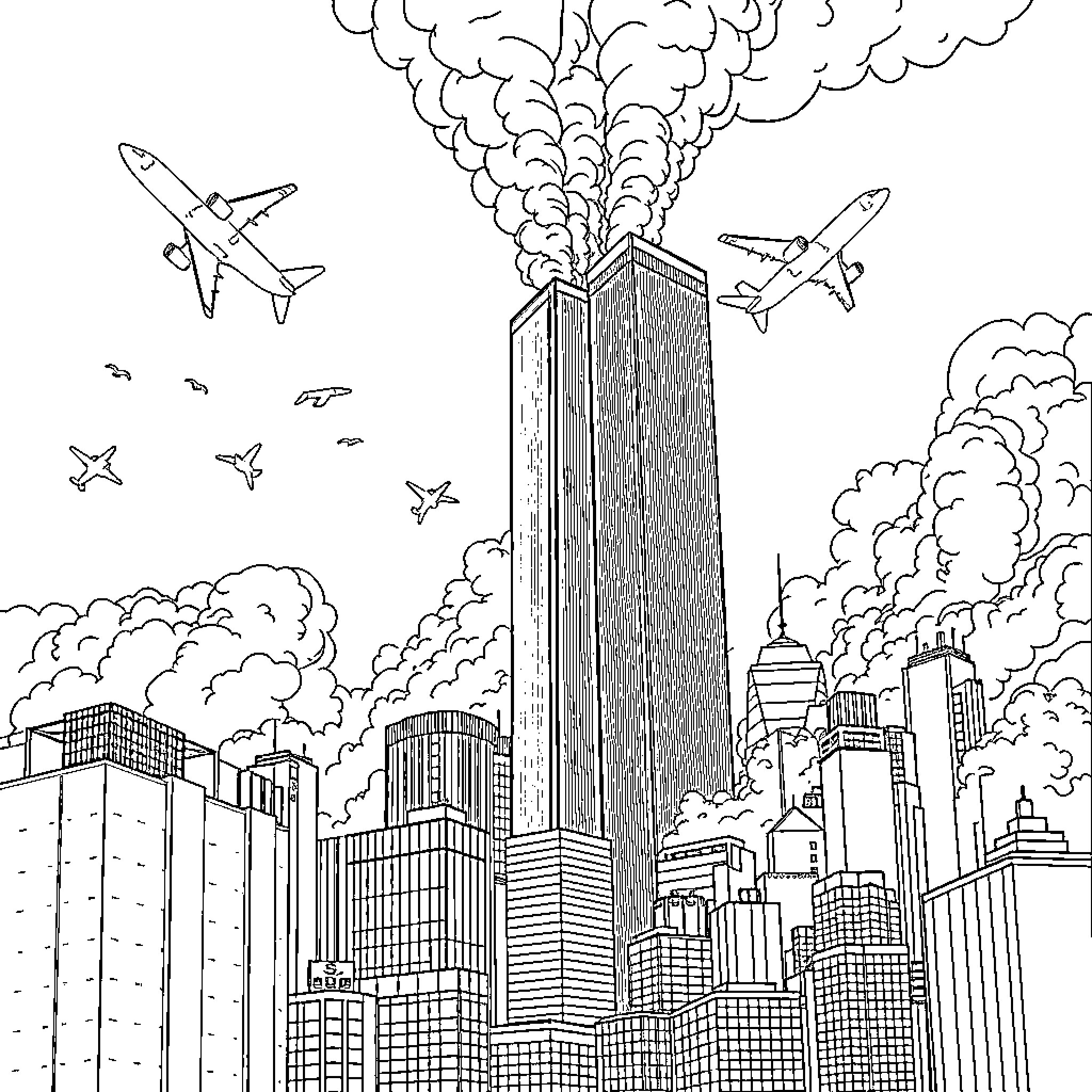 9/11 Attacks Depicted in Somber Skyline Coloring Page (free black-and-white line drawing printable PDF for all, from beginners to advanced learners, including children, teens, adults, and seniors)